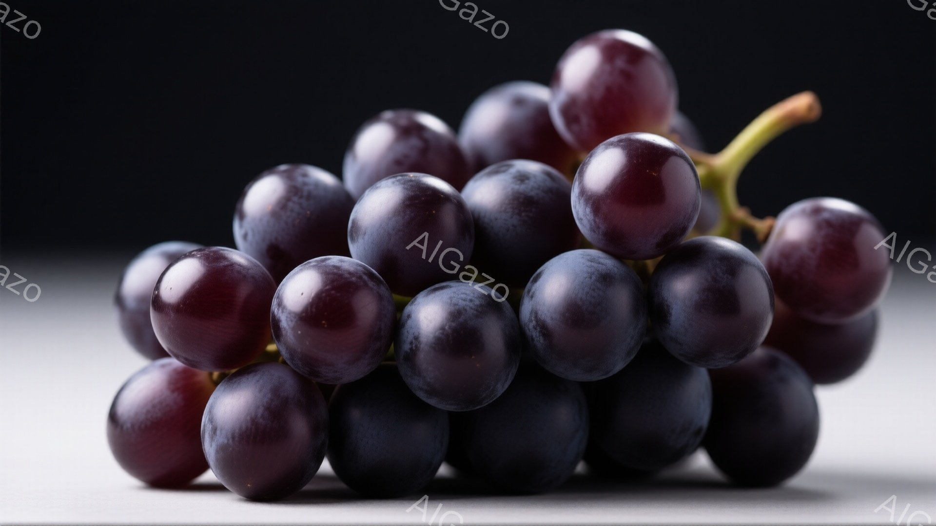 濃い紫色のぶどうの房が、白っぽいグレーの背景に置かれています。一つ一つの粒は丸みを帯びて艶があり、光沢を帯びています。全体的に、シンプルでミニマルな印象を与え、果物の自然な美しさを際立たせています。 - AI生成フリー素材