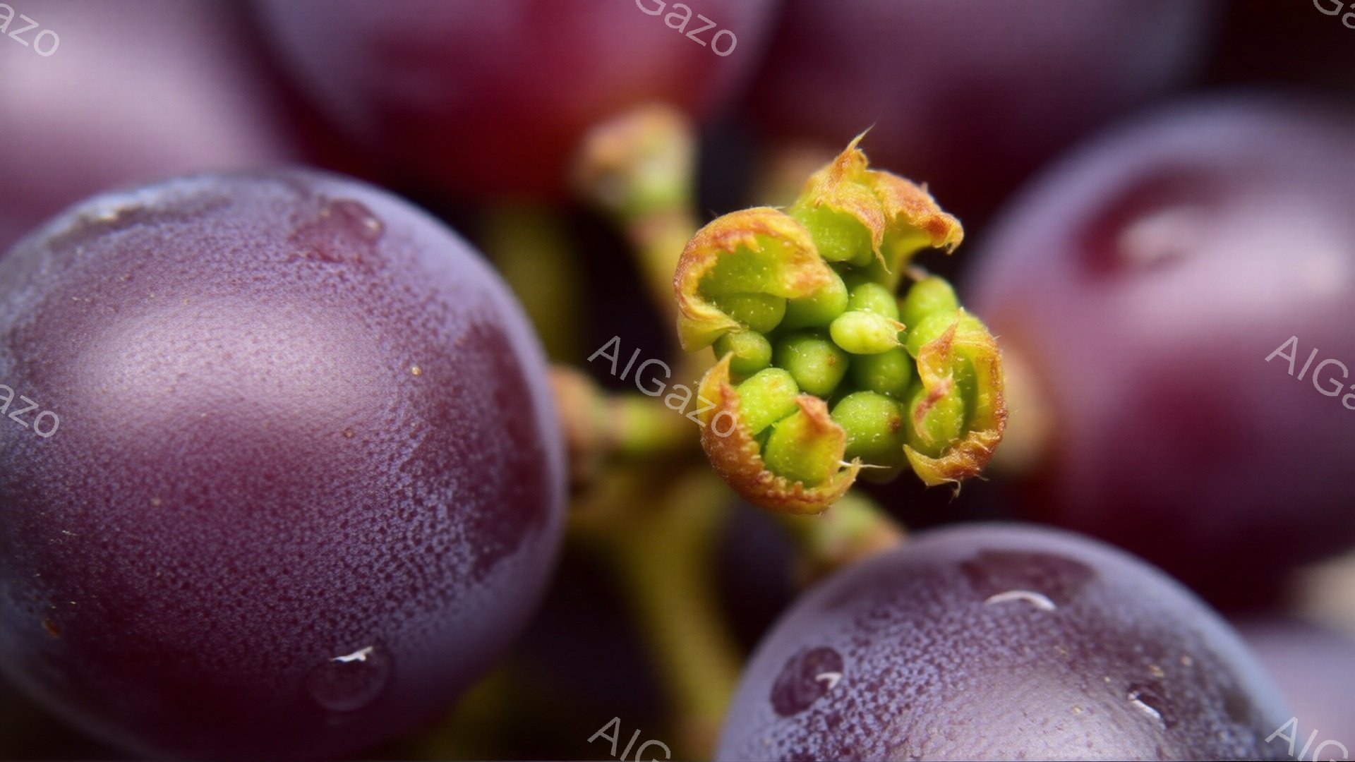 濃い紫色をしたブドウの房が写っており、表面には白い粉のようなものが付着している。中央には、まだ緑色の小さな花房が密集しており、これから実をつける前の状態を示している。背景は暗く、ブドウの紫と緑色が際立 - AI生成フリー素材