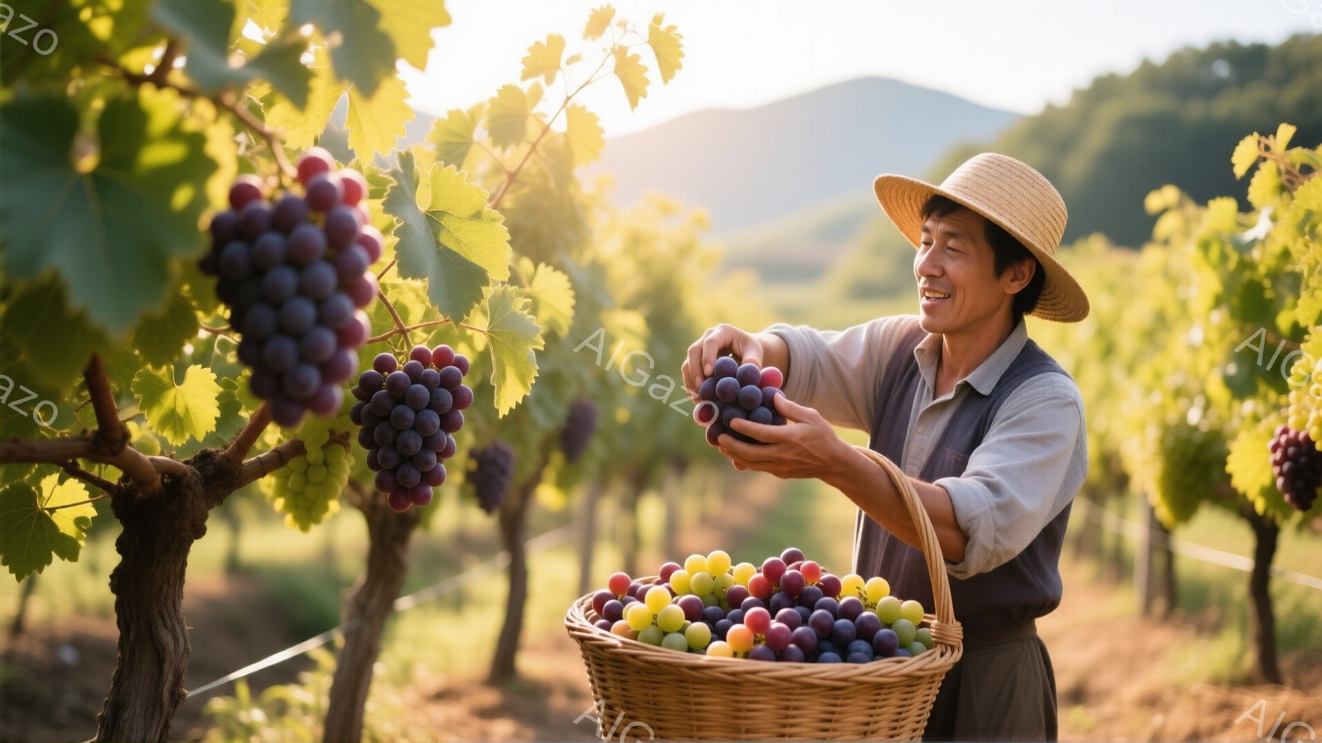 畑でブドウを収穫する男性が写っています。彼は麦わら帽子とベスト、長袖のシャツを着ており、満面の笑みを浮かべています。背景にはブドウ畑が広がり、夕日の光が差し込み、暖かく穏やかな雰囲気を醸し出しています。