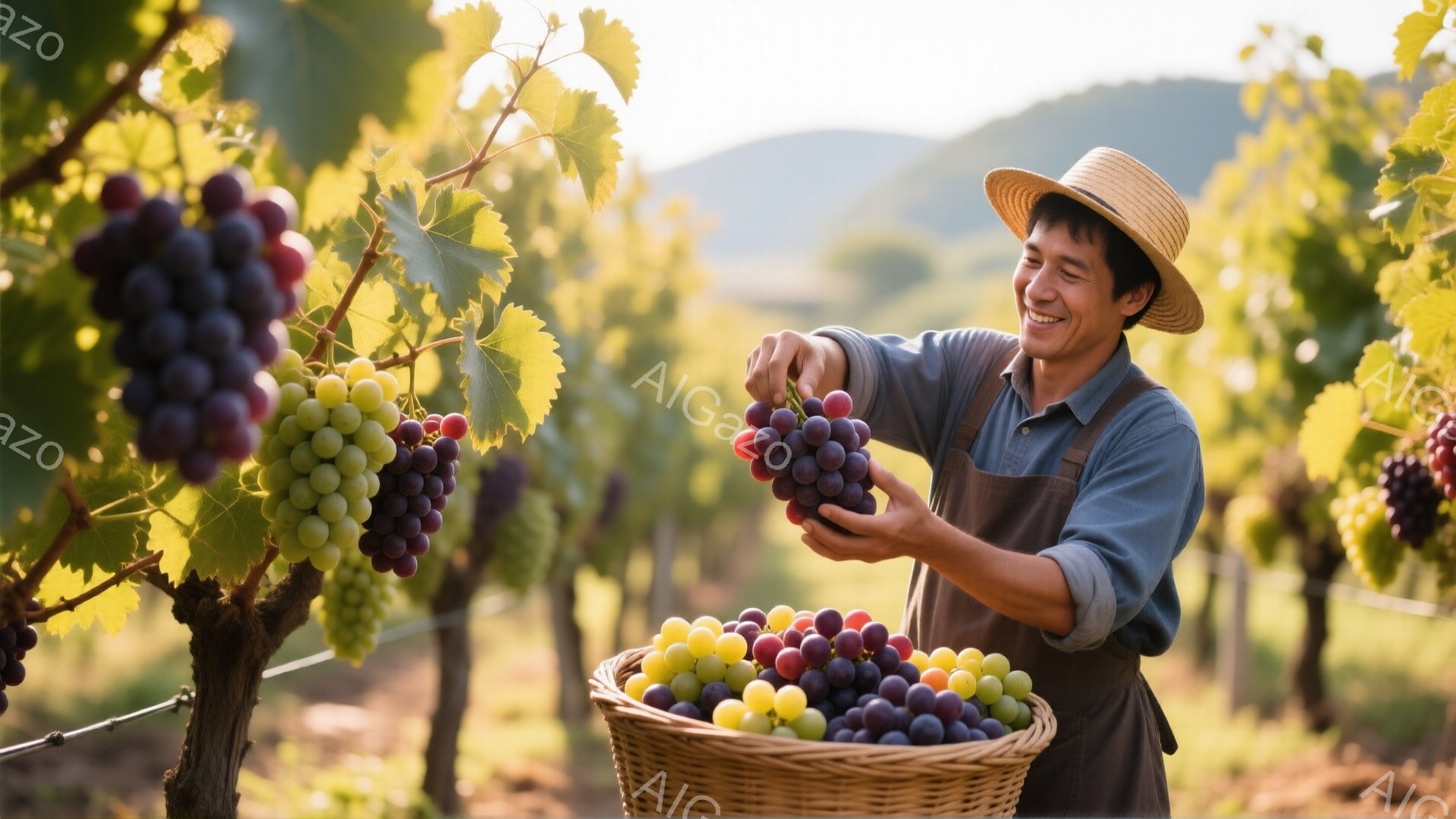 葡萄畑で男性が収穫作業をしている様子が写っている。彼は麦わら帽子とエプロンを身につけ、笑顔で紫色の葡萄を手に持っている。背景には緑豊かな葡萄の木々と、ぼやけた山々が見え、晴天の下、温かく穏やかな雰囲気が漂っている。