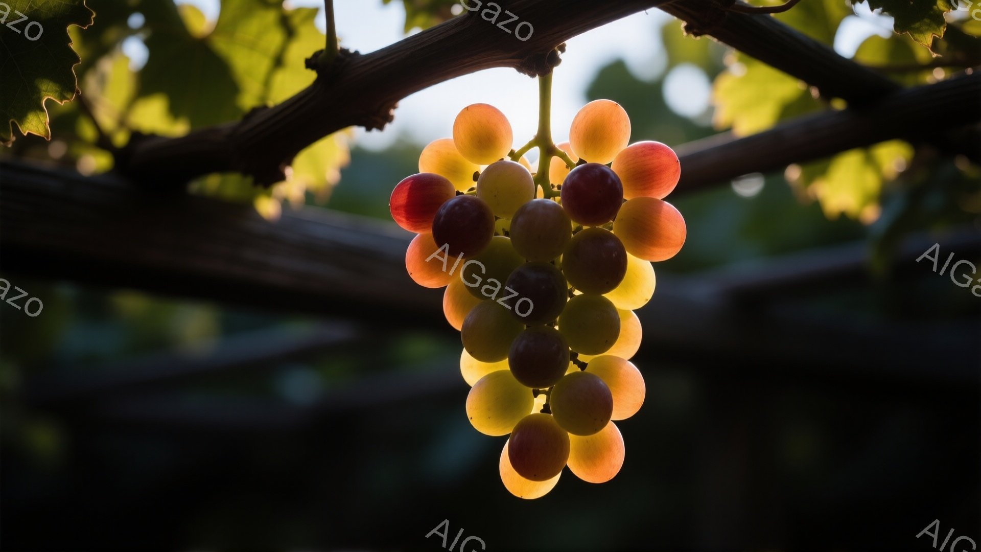 房のブドウが、暗い背景の中で光に照らされています。ブドウは黄色から赤色のグラデーションで、みずみずしく、熟した果実であることがわかります。背景には、木製の骨組みと緑の葉っぱが見え、まるでブドウ棚の中のようであり、静かで穏やかな雰囲気を醸し出しています。