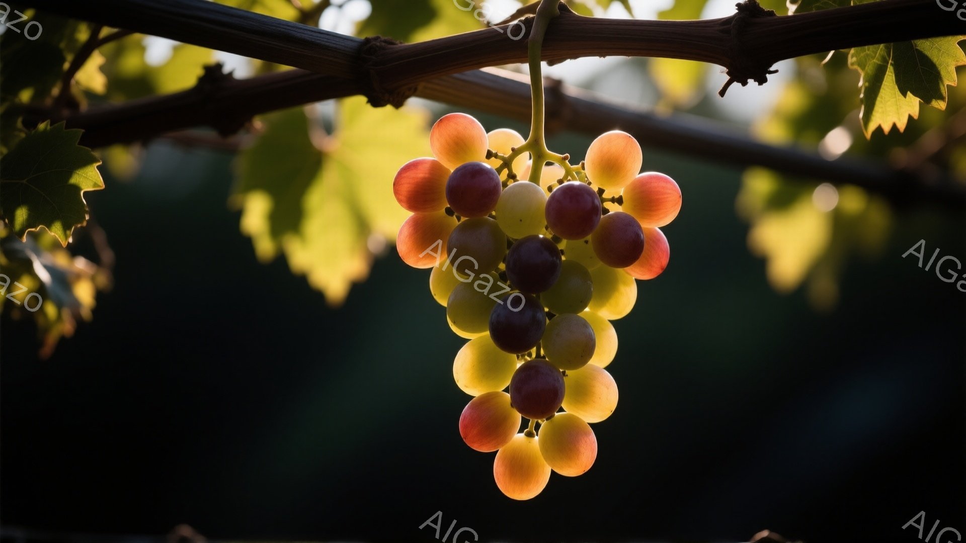 濃い緑色の背景に、たわわに実ったぶどうの一房が吊り下げられている。ぶどうは、緑、黄色、赤紫色の様々な色合いをしており、朝日または夕日に照らされているようで、光が透過して美しいグラデーションを生み出して - AI生成フリー素材