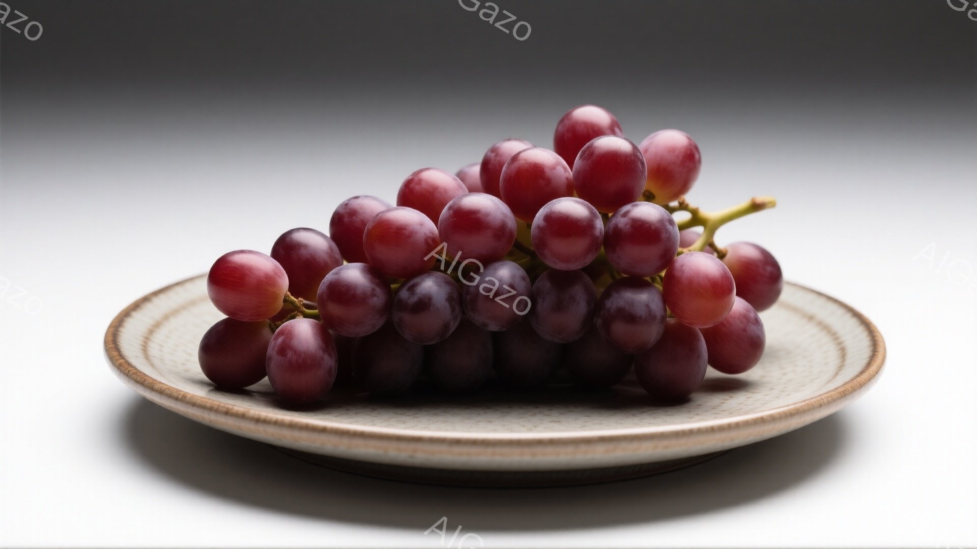 紫色のぶどうの房が、素朴な質感の茶色い皿の上に置かれています。ぶどうは丸く、光沢があり、均等に並んでおり、新鮮さを感じさせます。背景は白く、影が薄く伸びており、ぶどうが際立って見えます。