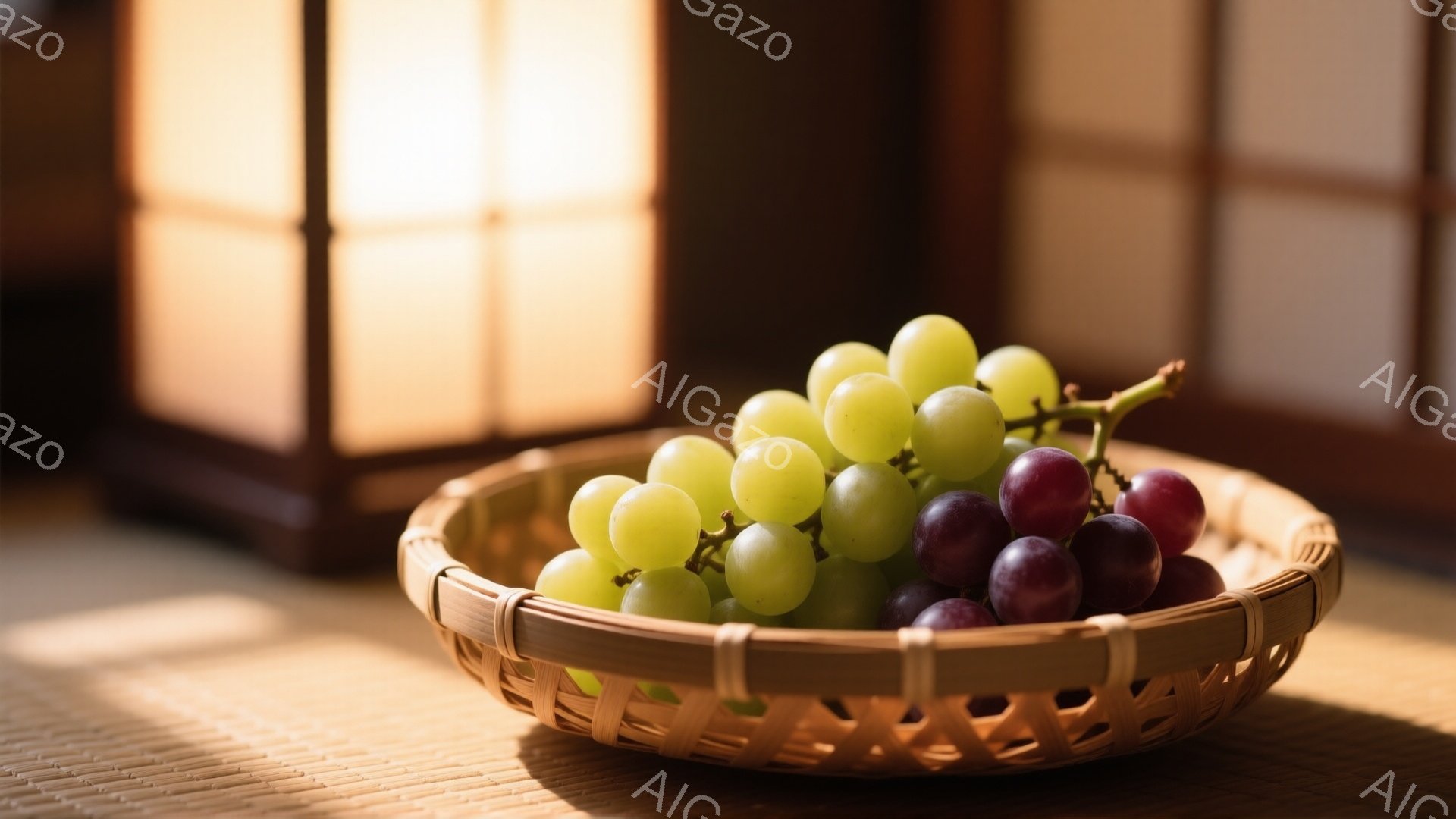 畳の上に、竹編みの籠に入ったブドウが置かれています。籠の中には、緑色の巨峰と紫色のデラウェアが混ざり合っており、光が差し込むことでその瑞々しさが際立っています。障子から差し込む柔らかな光が、静かで落ち - AI生成フリー素材