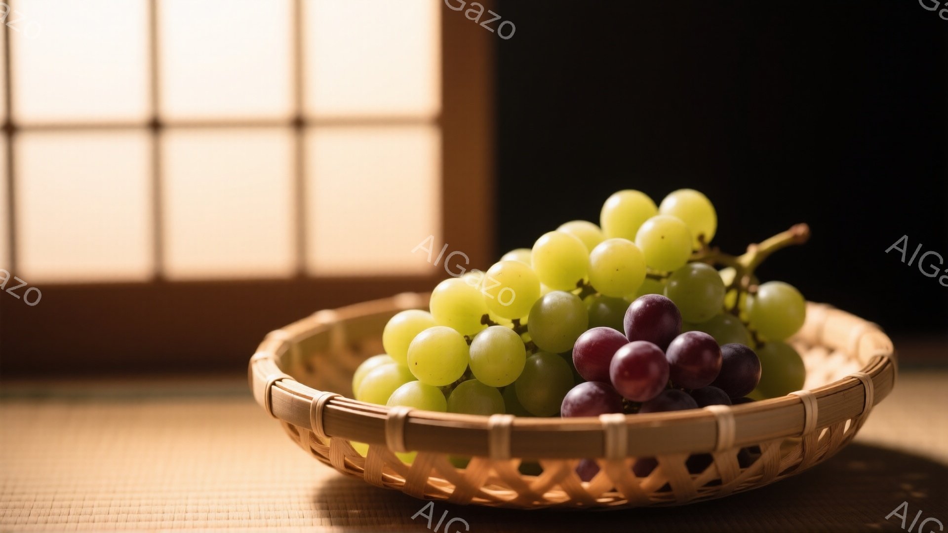 籐編みの浅い籠の中に、緑色のぶどうと紫色のぶどうが混ざって盛られています。背景には畳の床と障子窓があり、和室の静かで落ち着いた雰囲気を醸し出しています。自然光が差し込み、ぶどうの瑞々しさと籠の温かみの - AI生成フリー素材