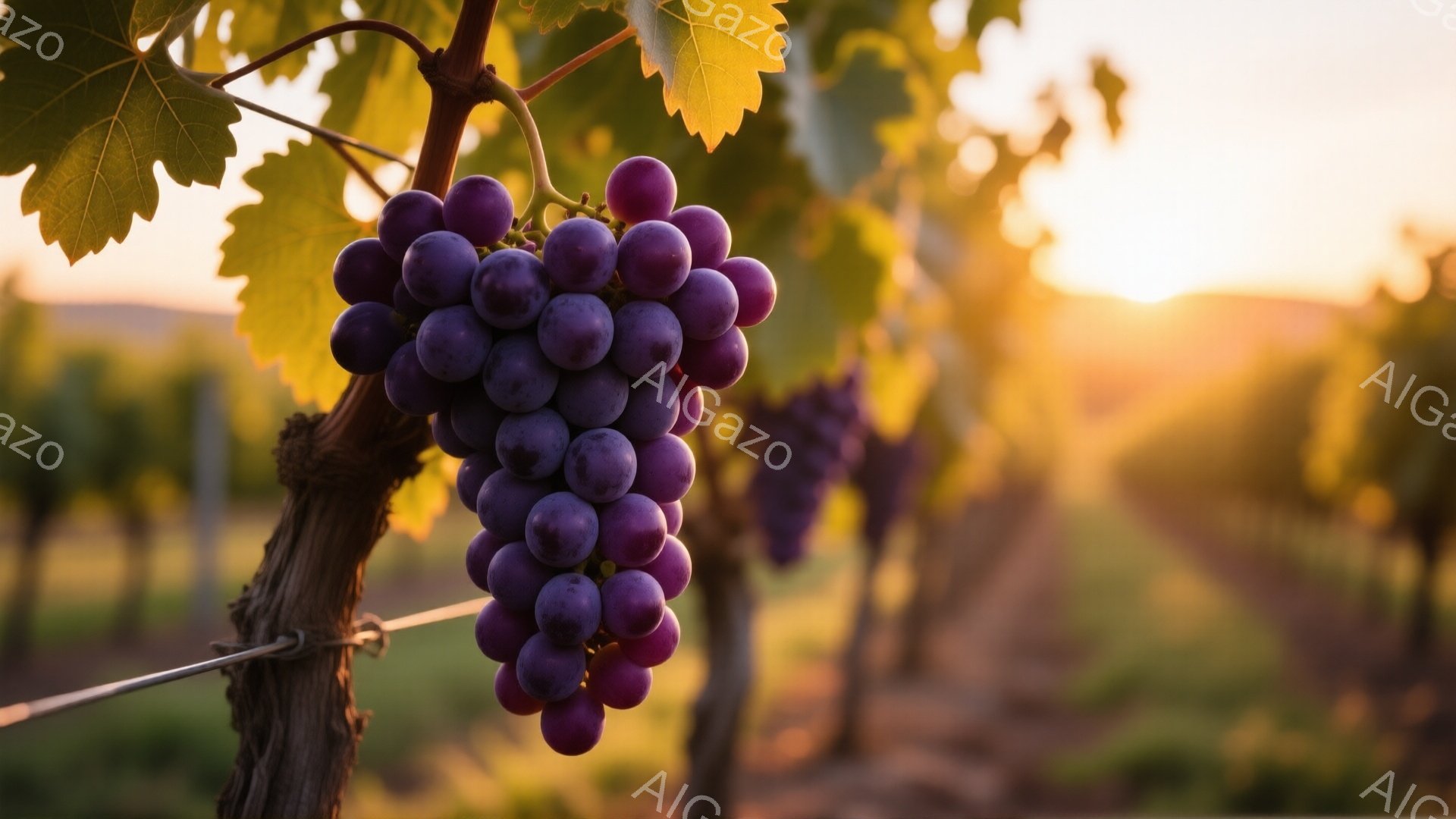 ぶどうの房が枝に実り、夕日に照らされています。背景には緑豊かなブドウ畑が広がり、遠くには山々がぼんやりと見えます。温かみのある光が全体を包み込み、穏やかで平和な雰囲気を醸し出しています。 - AI生成フリー素材