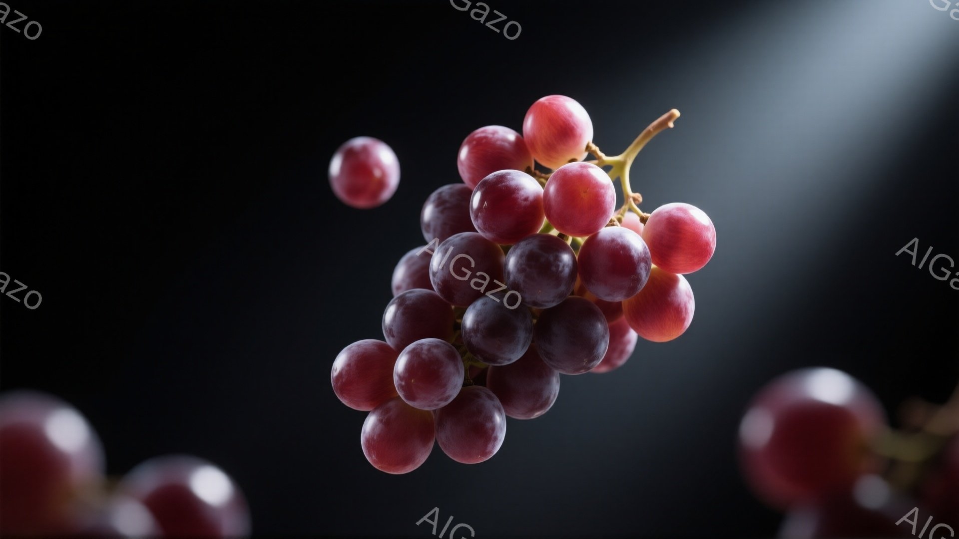 濃い紫色のぶどうの房が、暗い背景に浮かび上がっています。いくつかの実が房から離れ、宙に浮いており、動きのある瞬間を捉えています。光の当たり方から、実の表面の質感が強調され、みずみずしさが感じられます。 - AI生成フリー素材