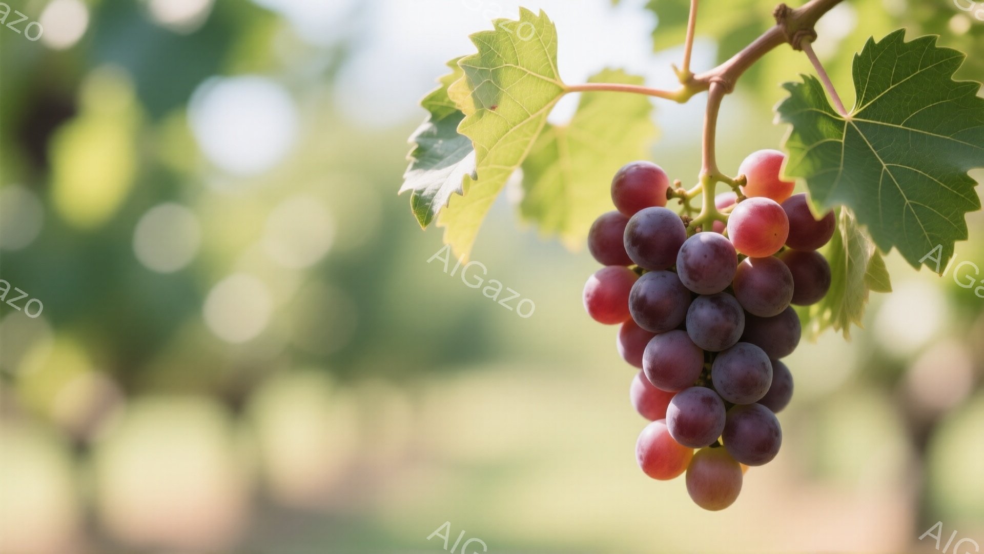 ぶどうの房が緑の葉に囲まれて、太陽光の下で光り輝いている。背景はぼやけた緑色で、ぶどう畑のような自然の風景が広がっている。全体的に、甘く豊かな秋の収穫を思わせる、穏やかで温かい雰囲気である。 - AI生成フリー素材