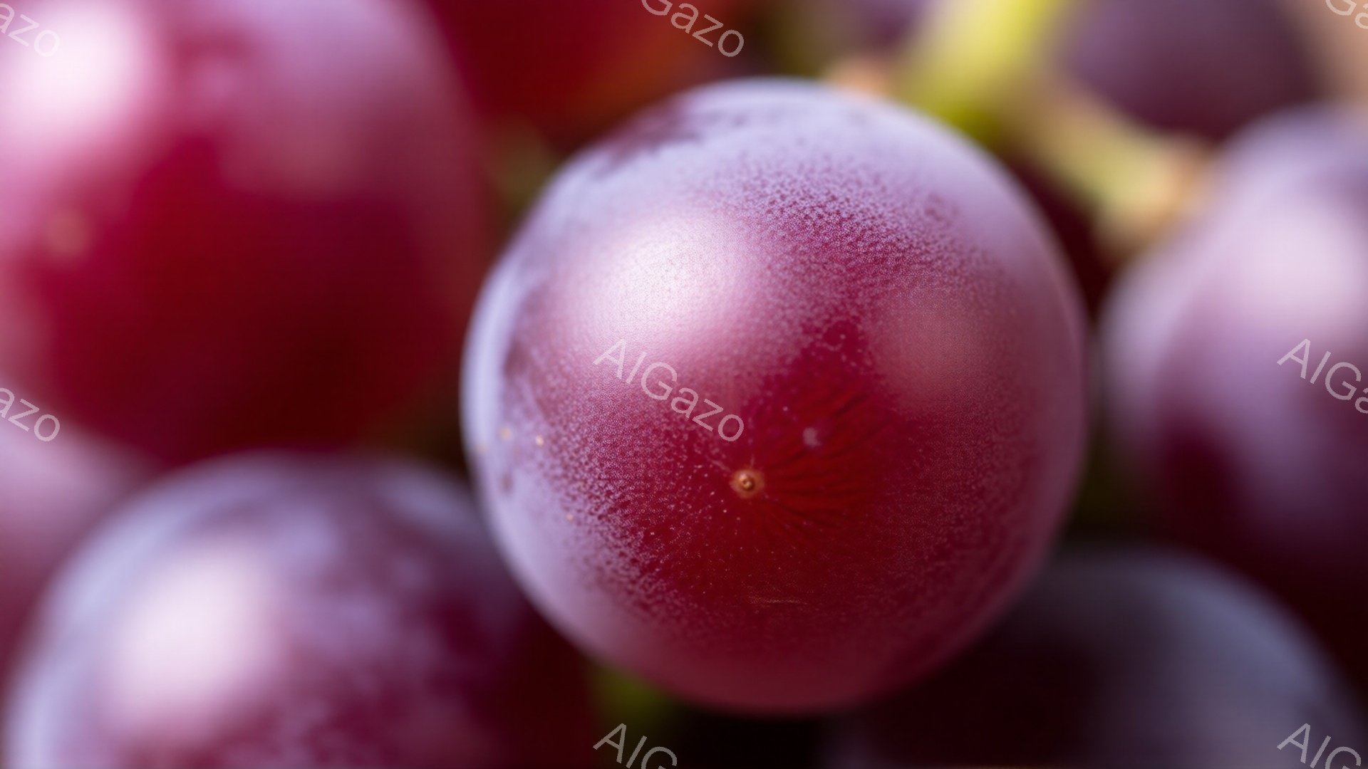 深い紫色をしたブドウが多数集まっており、非常に鮮やかでみずみずしい様子が伝わってきます。光が当たって表面に細かい水滴が見え、瑞々しさを強調しています。背景はぼやけており、ブドウの質感と色が際立っています。