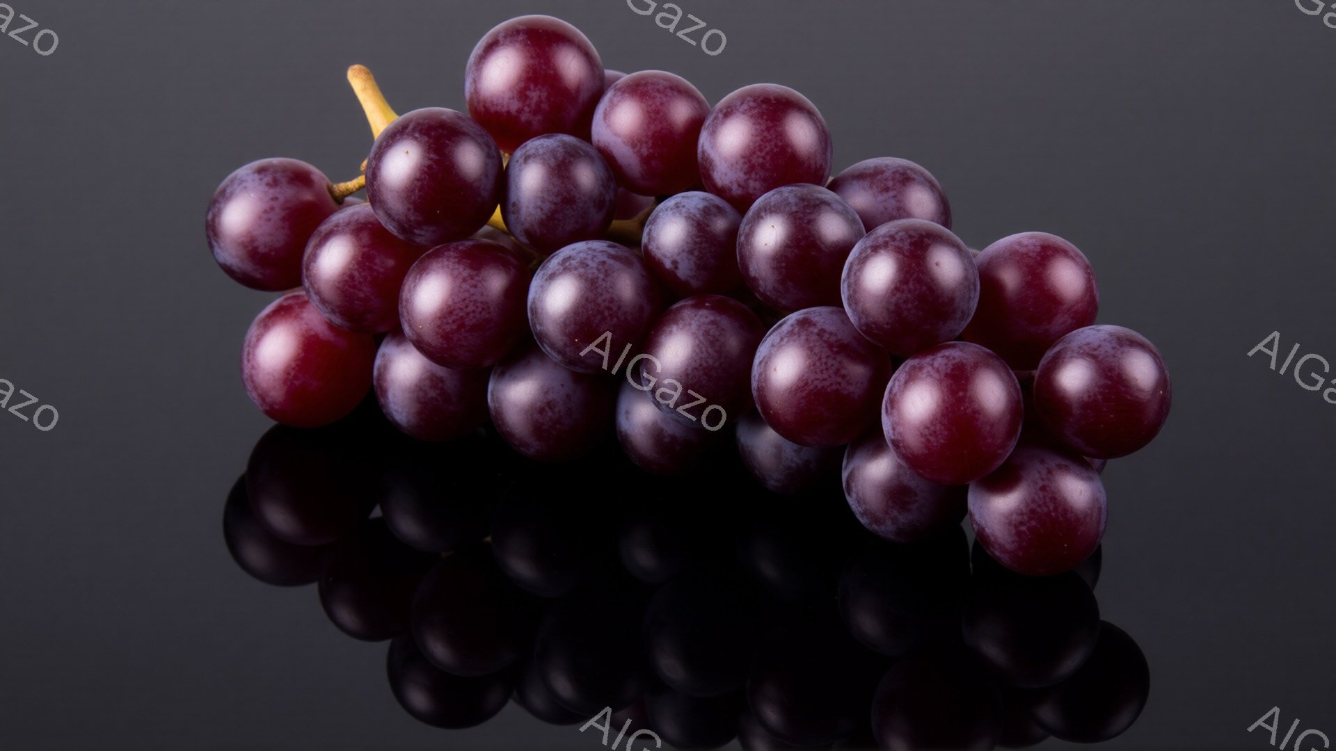 深い紫色のぶどうの房が、黒い背景に映し出されている。実たちは丸く、つやがあり、密集して重なり合っている。光沢のある表面と影のコントラストが、ぶどうの立体感と美味しさを際立たせている。 - AI生成フリー素材