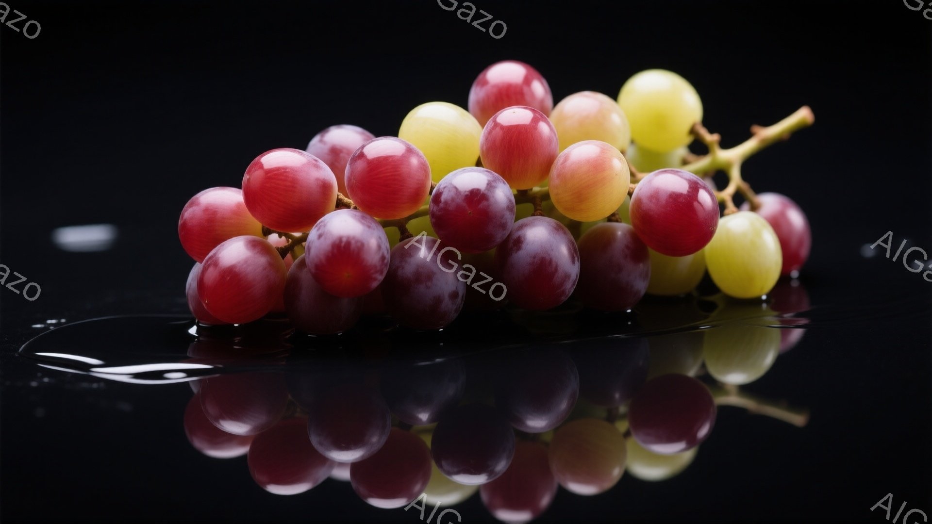 深い黒色の背景に、赤紫色のぶどうの房が鮮やかに映えています。ぶどうはつややかで丸みを帯び、表面には光が反射して輝きを増しています。黒い背景に映るぶどうの影と、水面に映った反射が、神秘的で美しい雰囲気を醸し出しています。