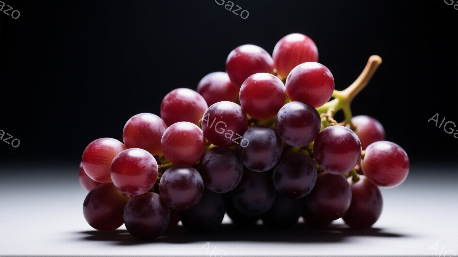 鮮やかな赤紫色のブドウの房が、白い背景に浮かび上がっています。丸みを帯びた粒は、光沢があり、みずみずしさを感じさせます。影が控えめに落ち、ブドウの立体感が強調されています。 - AI生成フリー素材