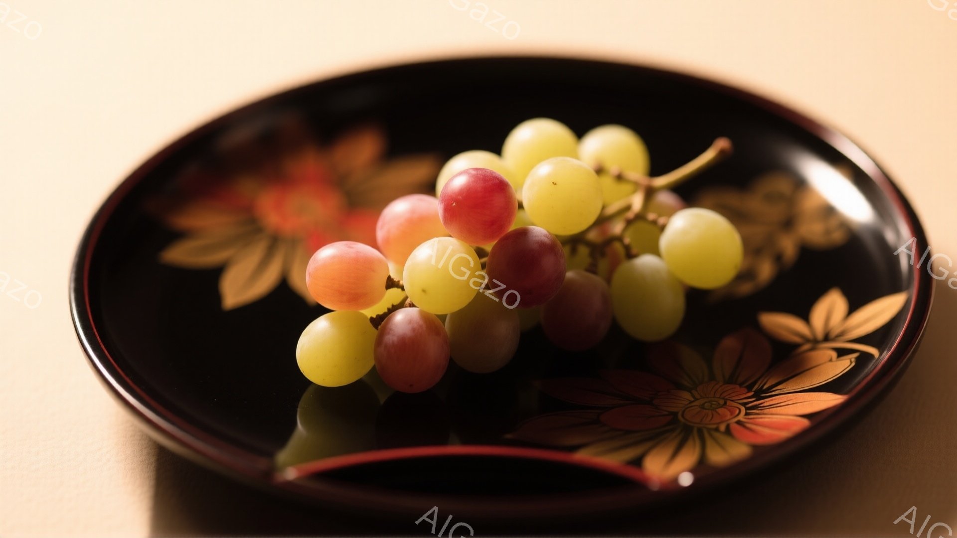 黒い皿に、赤と緑のぶどうが乗っています。皿には、金色の花模様が描かれており、和風で上品な印象を与えます。背景は淡いベージュ色で、ぶどうの色を引き立てています。