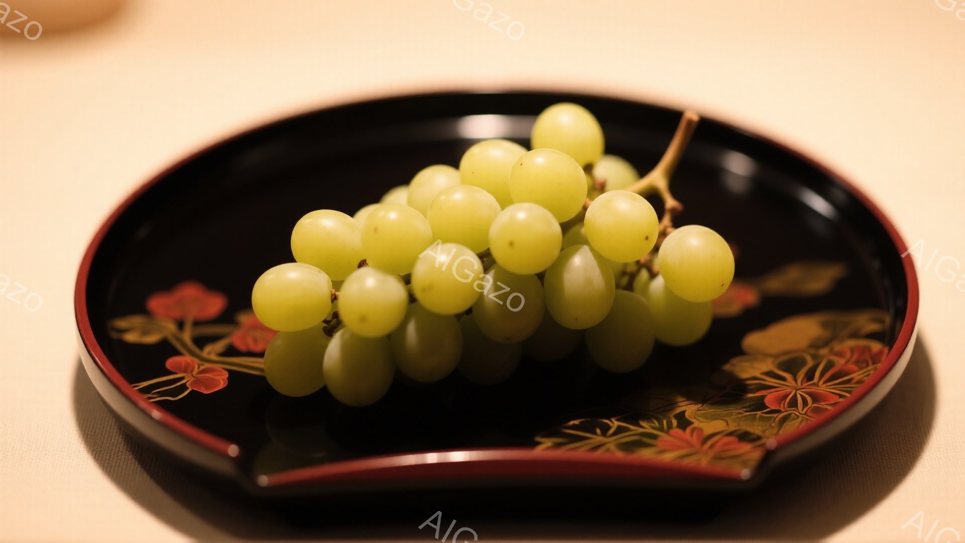 鮮やかな緑色のぶどうの房が、黒地に赤い模様が描かれた角皿に盛られています。ぶどうは光沢があり、新鮮で、丁寧に盛り付けられていることがわかります。皿とぶどうのコントラストが美しく、上品な雰囲気を醸し出し - AI生成フリー素材