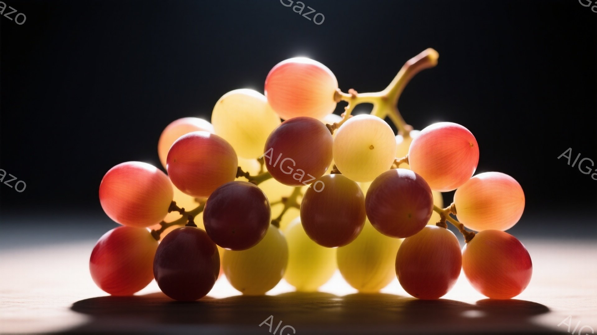 鮮やかな赤色と淡い黄色のぶどうが、木製の台の上に積み重なって配置されています。光がぶどうに当たって照らし出され、影が台の上に伸びています。背景は暗く、ぶどうが際立って見えます。