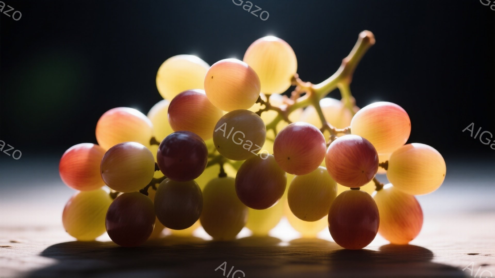 鮮やかな黄緑色のブドウの房が、木製のテーブルの上に置かれています。一部のブドウは赤みがかっており、光の当たり方によって瑞々しさが際立っています。背景は暗く、ブドウのコントラストが強調され、静かで落ち着いた雰囲気を醸し出しています。