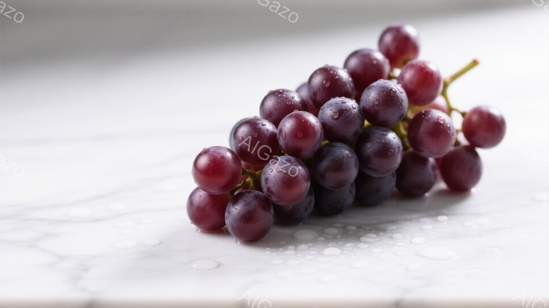 濃い紫色のぶどうの房が、白い大理石のような表面に置かれています。ぶどうの表面には水滴が輝き、まるで水洗いされたばかりの新鮮さを際立たせています。背景は白で統一され、ぶどうの色と水滴の美しさが際立っています。