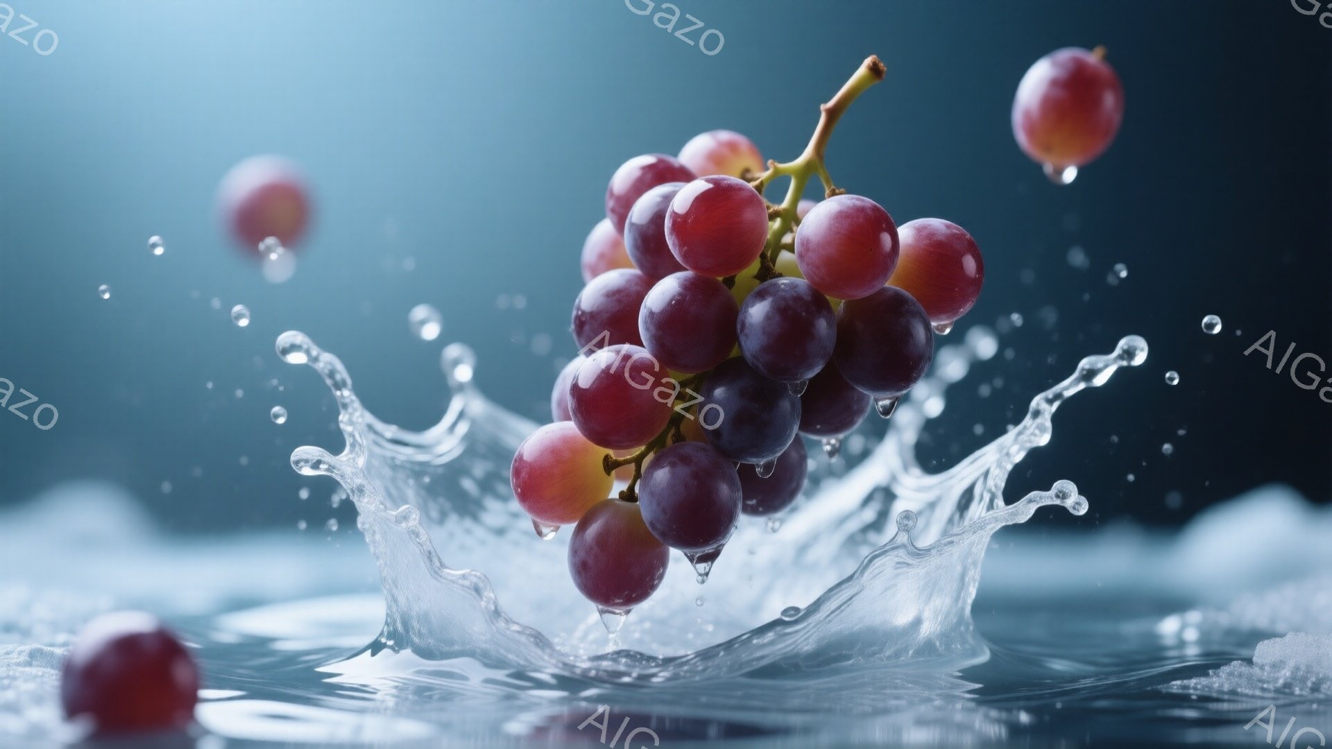 濃い紫色のぶどうの房が、水しぶきの中で躍動している様子が捉えられています。水面にはぶどうが落ちた衝撃で波紋が広がり、周囲には水滴が飛び散っています。全体的に鮮やかでダイナミックな雰囲気で、ぶどうの瑞々 - AI生成フリー素材