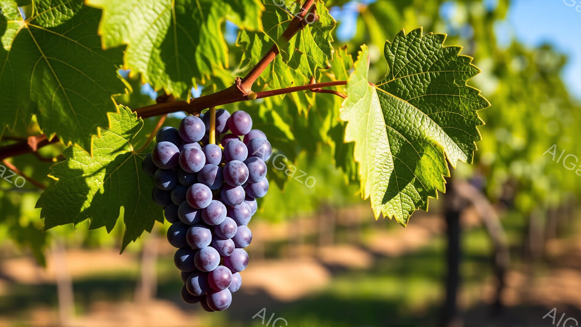 濃い紫色のぶどうの房が、緑の葉に囲まれてぶら下がっている様子が捉えられています。背景には、ぼやけた茶色の畑と、遠くに見える植物の緑が広がっており、晴天で明るい日の光が差し込んでいます。ぶどうは熟してお - AI生成フリー素材