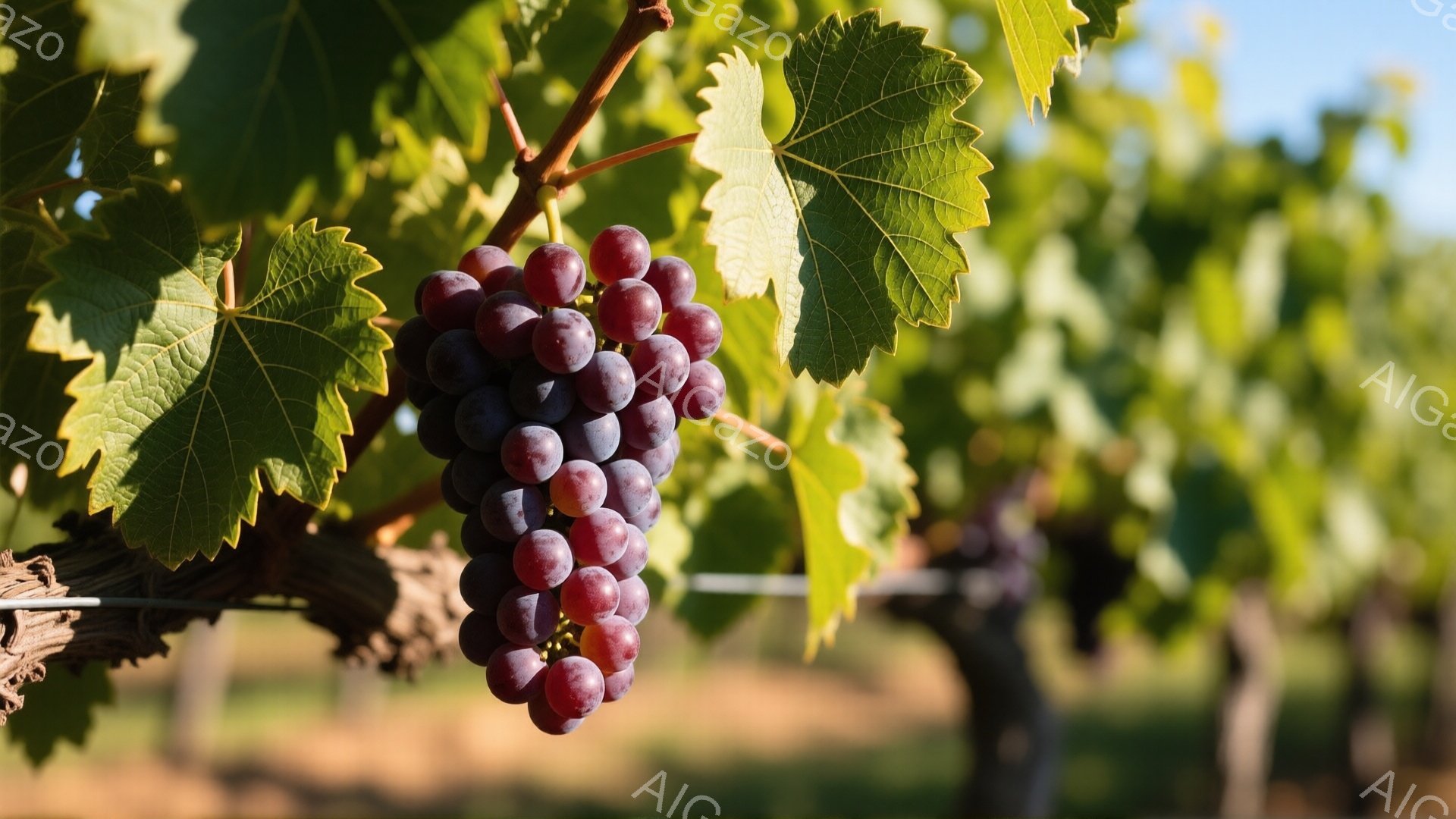 濃い紫色のぶどうの房が、緑の葉に囲まれて太陽の光を浴びています。ぶどうは熟し、瑞々しい様子が伝わってきます。背景には、他のぶどうの列と、ぼやけた緑の風景が広がっており、穏やかで平和な雰囲気です。 - AI生成フリー素材