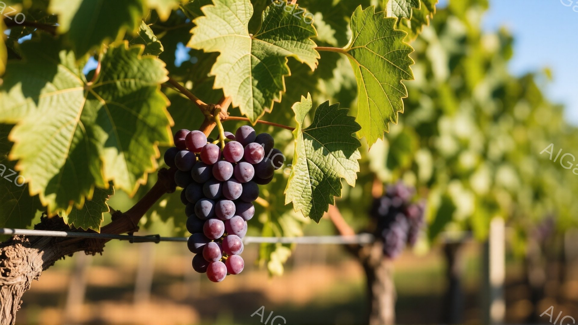 鮮やかな緑の葉に抱かれた、紫色のブドウの房が目に飛び込んできます。ブドウは豊かに実り、秋の収穫を予感させる光景です。背景にはブドウ畑が広がり、穏やかな日差しが降り注ぐ、静かで平和な雰囲気が漂っています - AI生成フリー素材