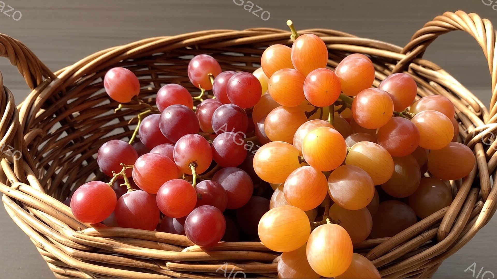 籠の中に、赤紫色のブドウとオレンジ色のブドウが混ざって入っています。籠は茶色で編み込み模様があり、ブドウの鮮やかな色が際立っています。背景はぼかされており、温かみのある雰囲気で、収穫の秋を彷彿とさせま - AI生成フリー素材
