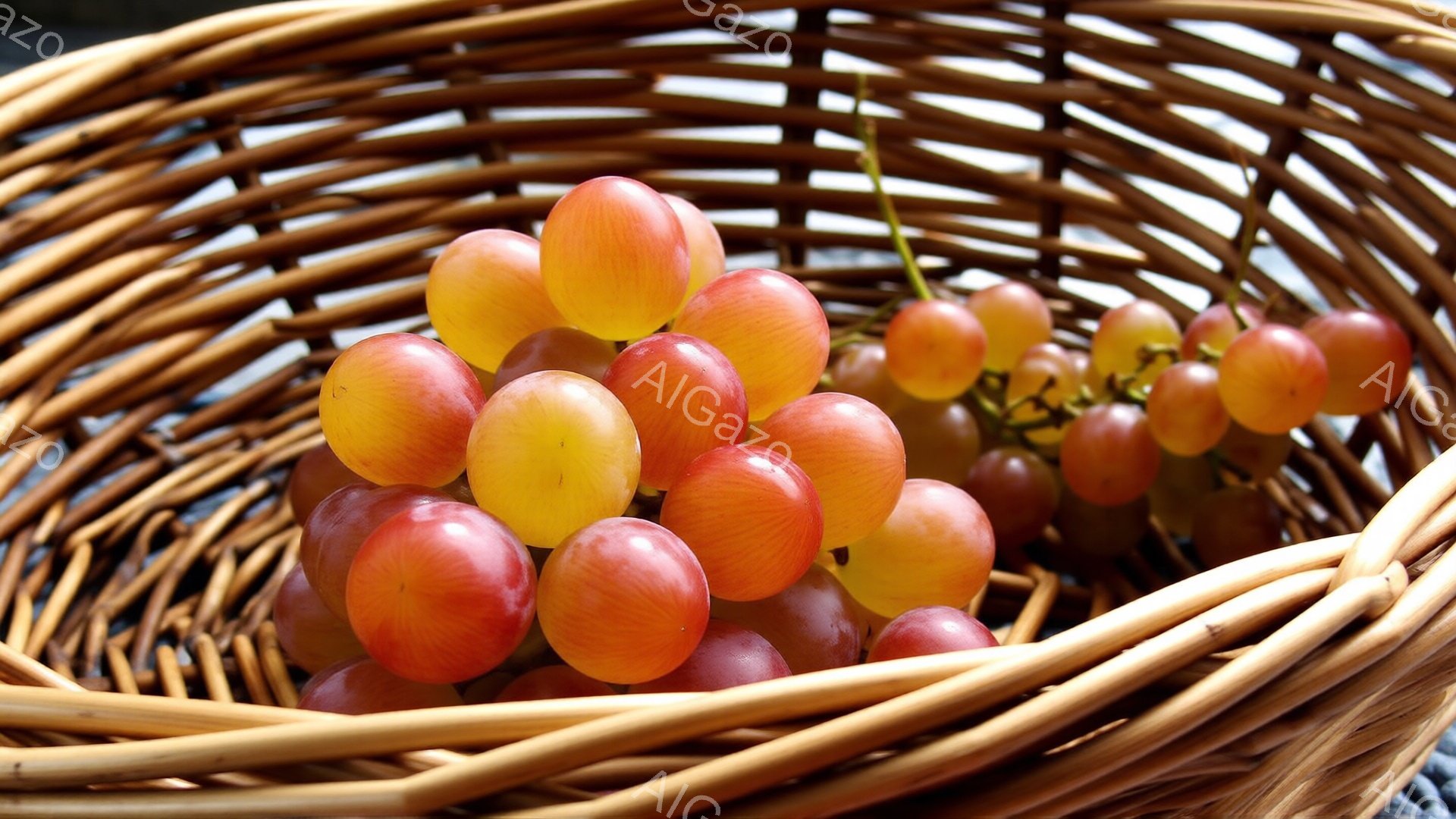 籐編みの籠に、赤と黄色のブドウがたっぷり詰め込まれています。籠の編み目がしっかりと写り、ブドウの丸みと艶やかな光沢が際立っています。背景はぼやけており、ブドウと籠が主役の、暖かく自然な雰囲気の静物画です。