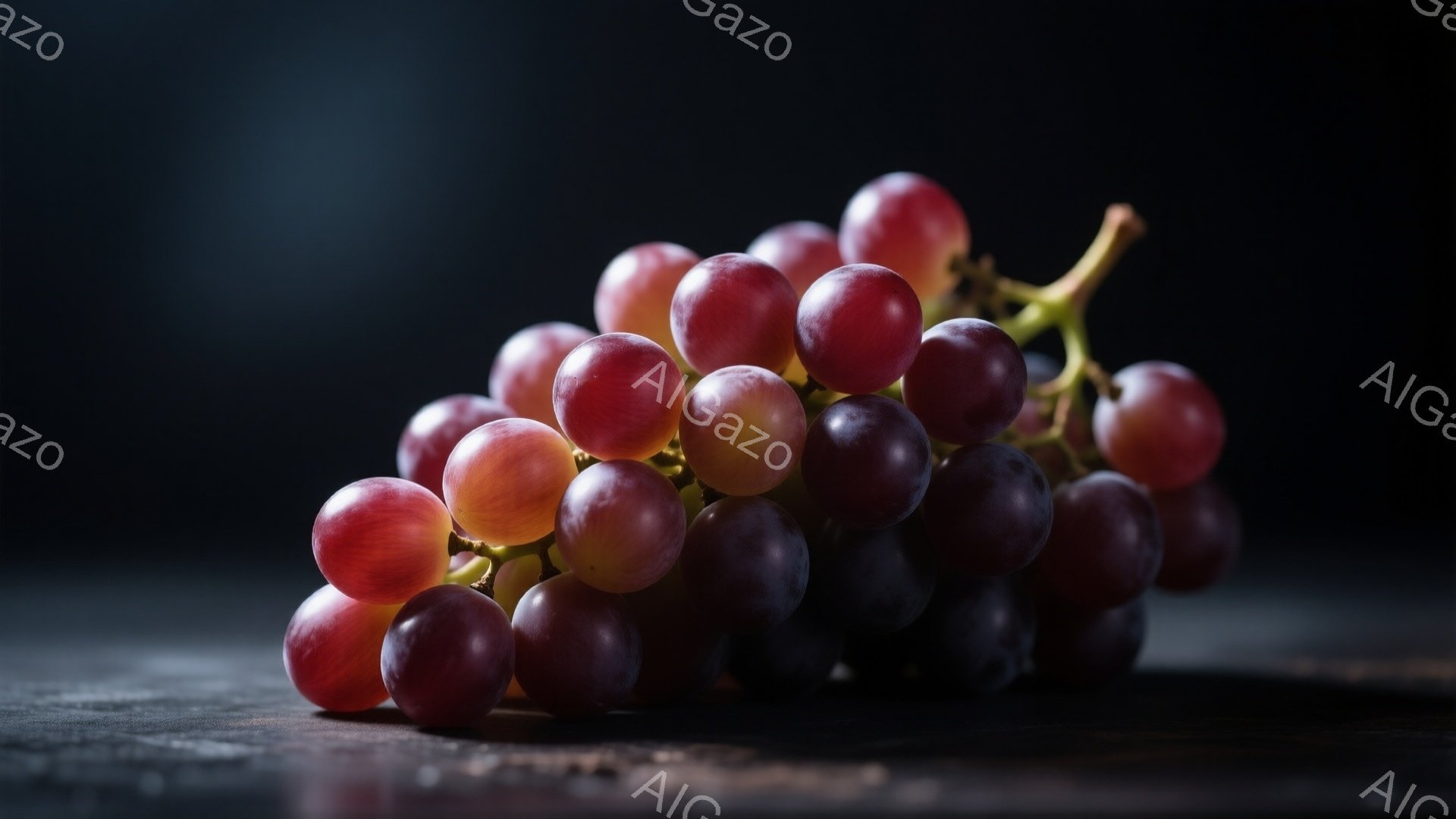 深い紫色のぶどうの房が、暗い木製の表面に置かれています。ぶどうは熟しており、光沢があり、いくつかの実には淡い緑色の斑点が見られます。背景は暗く、焦点はぶどうの房に集中しており、落ち着いた、静かな雰囲気を醸し出しています。