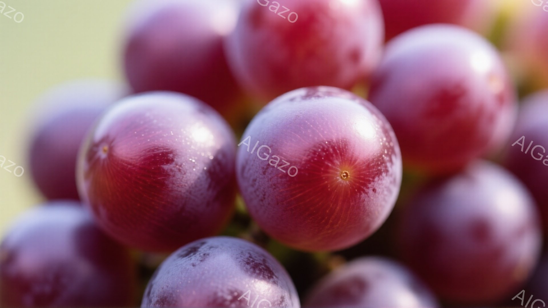 鮮やかな紫色をしたブドウが密集して写っています。丸みを帯びたブドウは水滴で覆われており、みずみずしさを強調しています。背景はぼかされており、ブドウの質感と色が際立っています。 - AI生成フリー素材