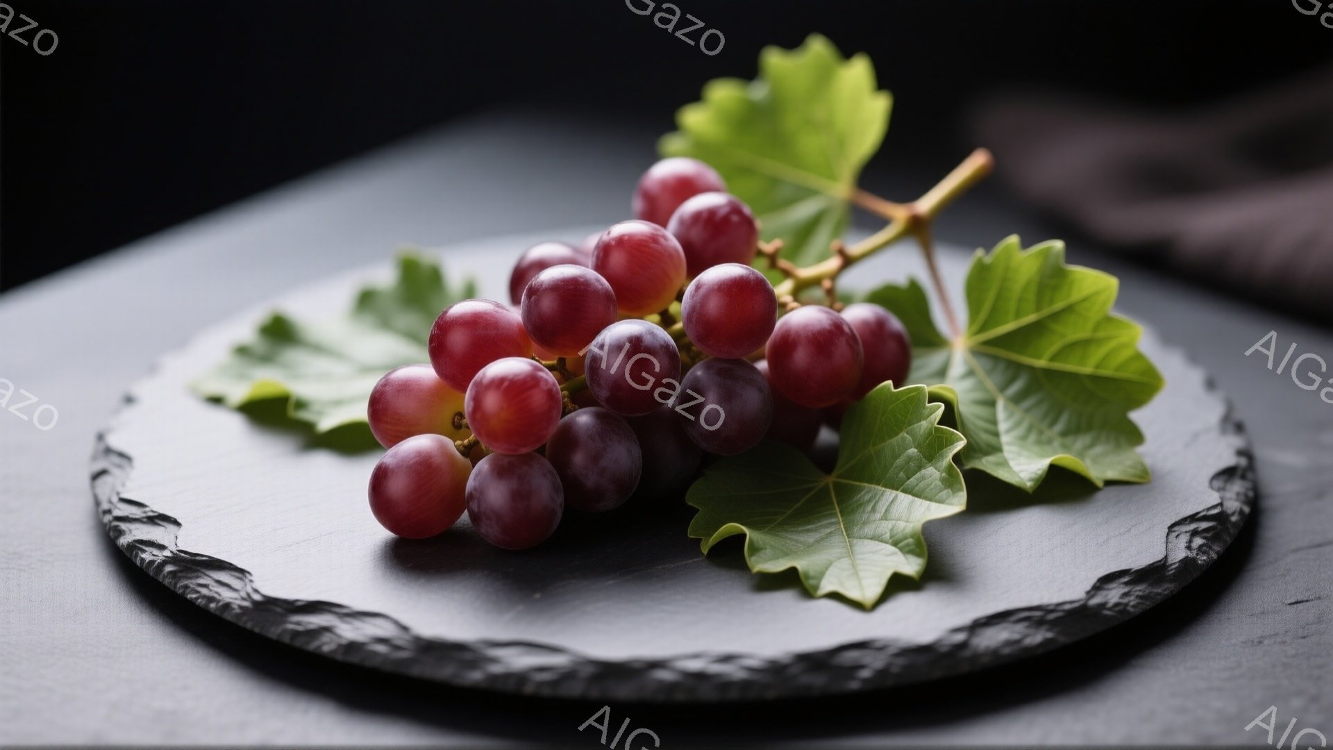 房のぶどうが、黒色のスレート板の上に置かれています。紫色のぶどうは瑞々しく、緑色の葉が添えられており、自然な美しさを際立たせています。背景は暗く、ぶどうの鮮やかな色合いがより一層引き立ち、落ち着いた雰囲気を醸し出しています。