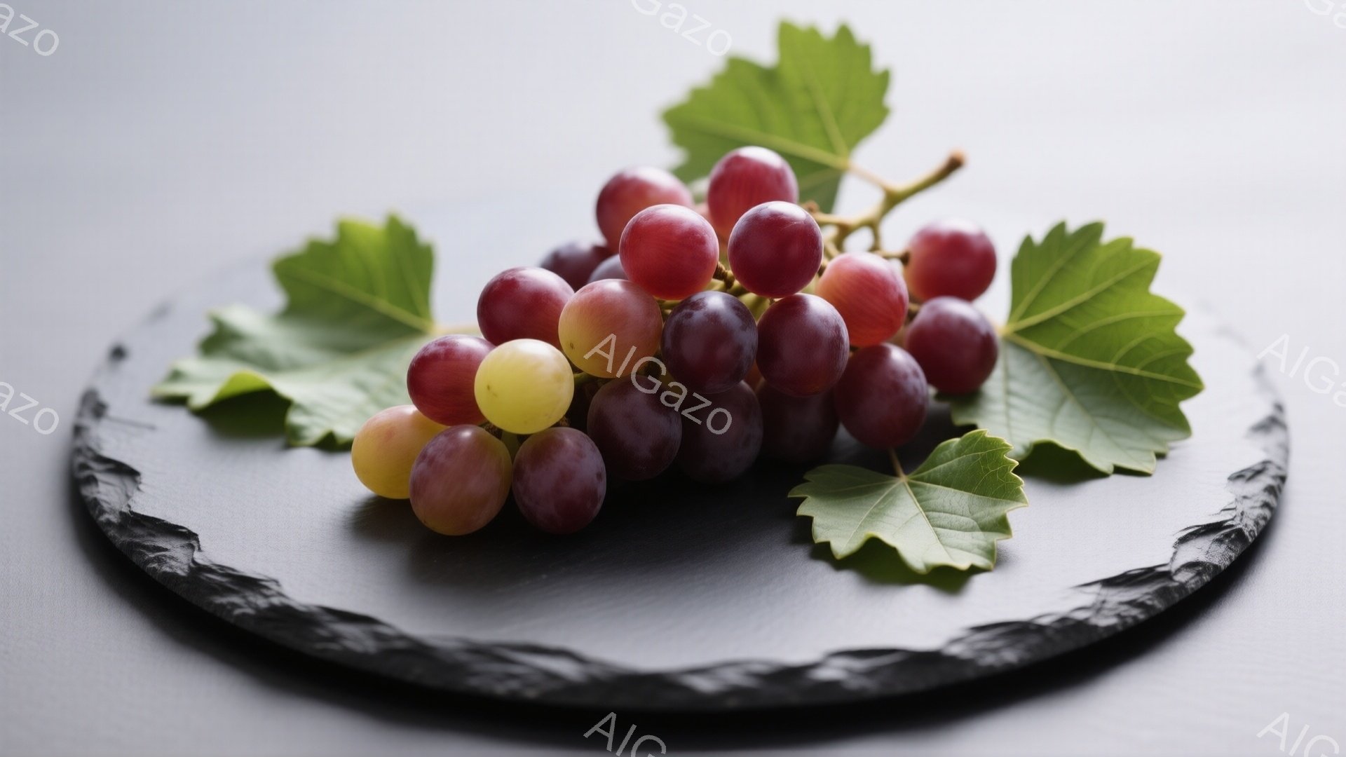 濃いグレーのプレートの上に、赤紫色のぶどうの房が置かれています。葉も添えられており、ぶどうの甘みと瑞々しさが感じられます。背景はぼかされており、ぶどうそのものが際立って見えます。