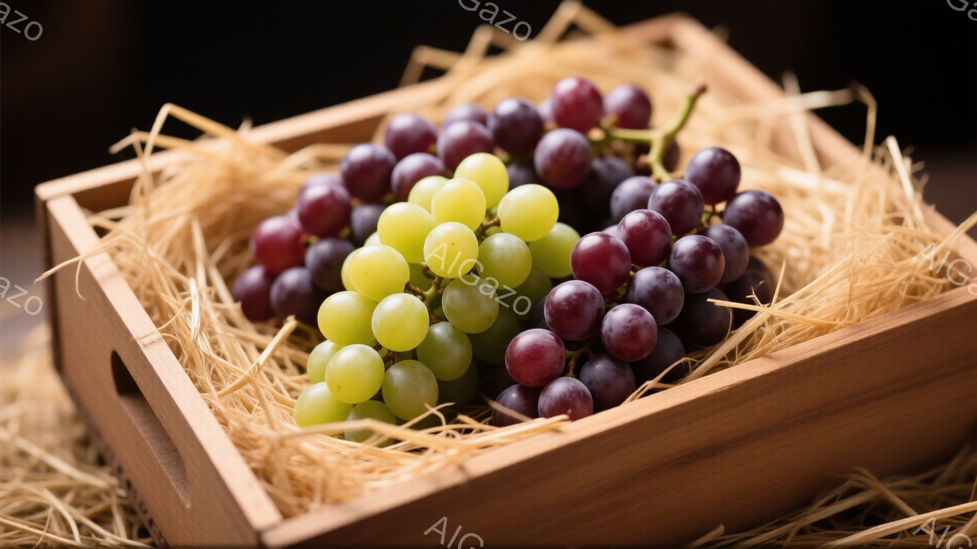 浅い木製の箱の中に、緑色のぶどうと紫色のぶどうが並んで入っています。箱の中には乾燥した藁が敷き詰められており、果物を保護し、素朴な雰囲気を醸し出しています。背景は暗く、ぶどうと箱が際立って見え、収穫の喜びや自然の恵みを感じさせます。