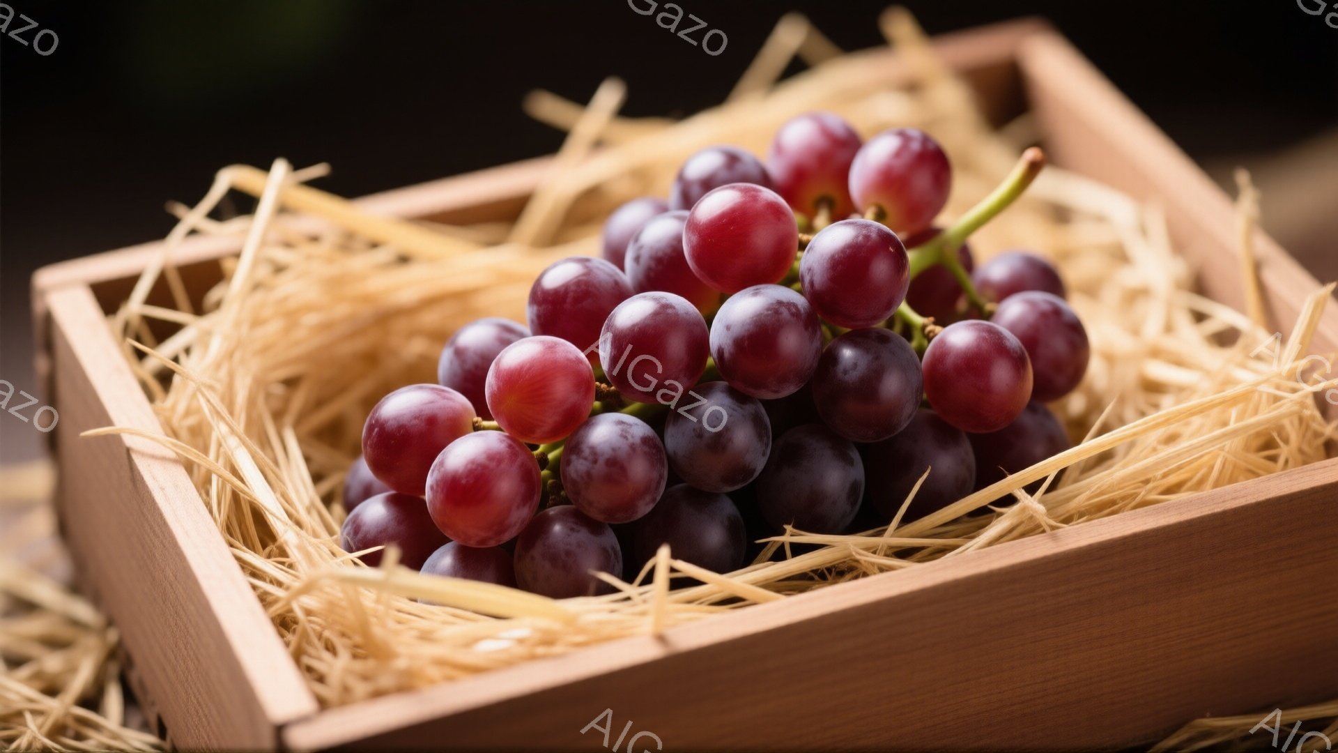 ぶどうの房が、木製の小さな箱の中に敷き詰められた藁の上に乗せられています。紫色のぶどうは瑞々しく、艶があり、見た目にも美味しそうです。背景は暗く、ぶどうの色と藁の黄色が際立っています。