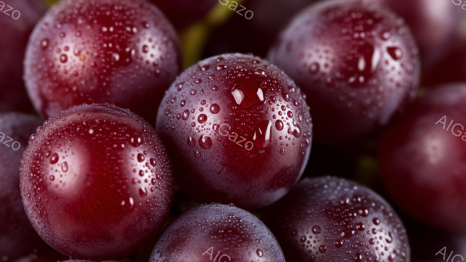 深い紫色をした葡萄が、水滴をまとって画面いっぱいに広がっています。葡萄は丸く、つやつやと輝いており、みずみずしさが伝わってきます。背景は暗く、葡萄の鮮やかな色が際立っています。 - AI生成フリー素材