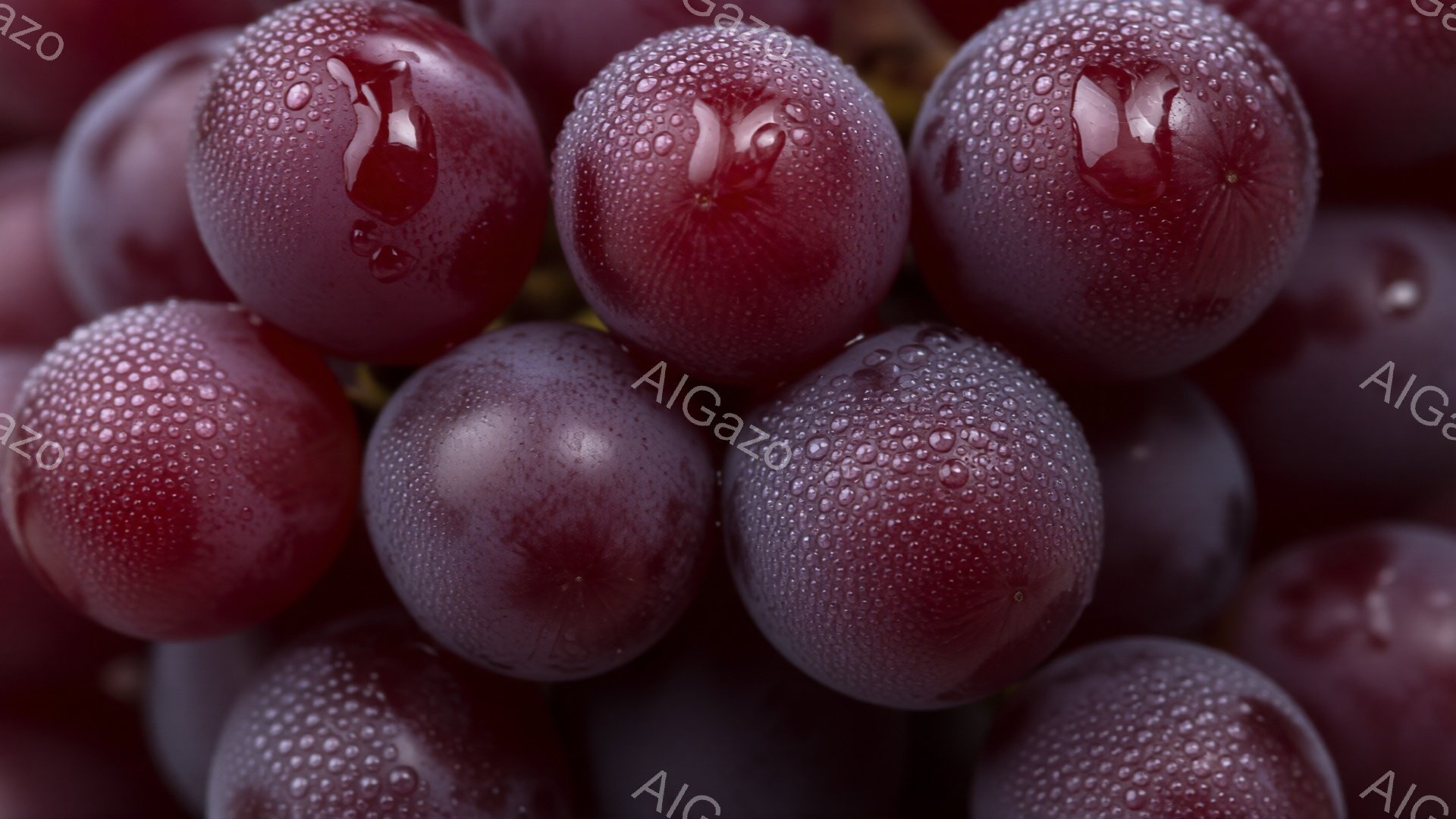 深い紫色のぶどうが密集して写っており、表面には水滴が輝いている。果実は丸みを帯びていて、瑞々しい様子が伝わってくる。背景は暗く、ぶどうの濃い色が際立っている。 - AI生成フリー素材