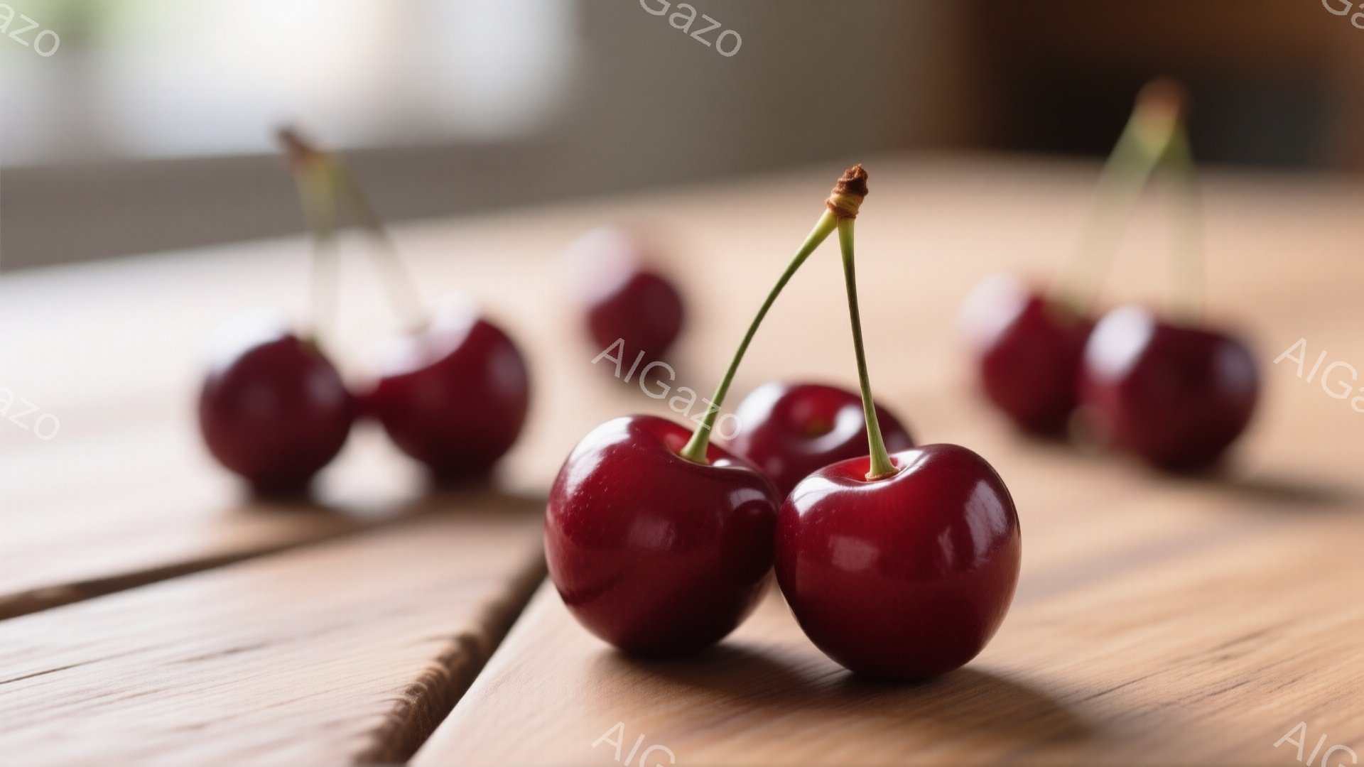 鮮やかな赤いさくらんぼが、木の板の上に並んでいます。焦点の合った2つのさくらんぼは、瑞々しく光沢があり、他のさくらんぼはぼやけていますが、全体的に暖かく、素朴な雰囲気です。背景はぼやけており、屋内もしくは薄暗い場所で撮影されたようです。