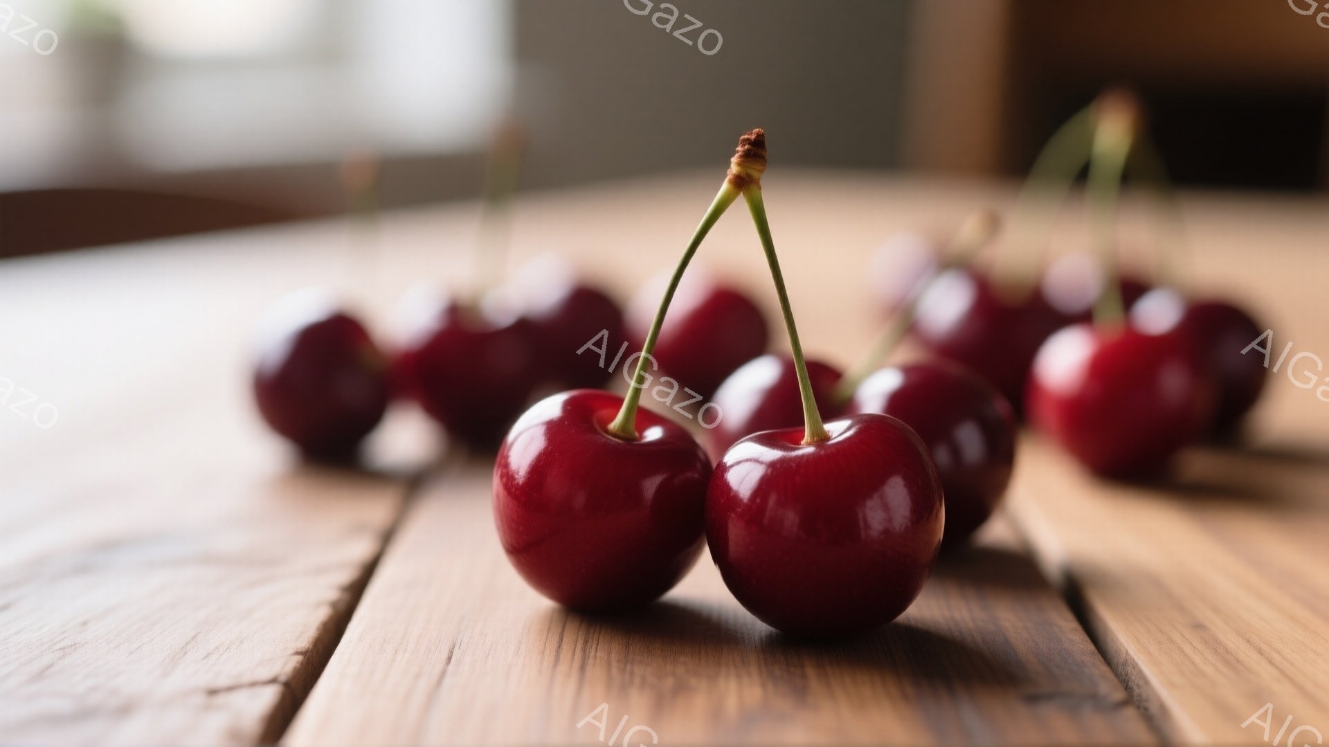 鮮やかな赤いサクランボが、木製のテーブルの上に並べられています。光沢があり、瑞々しい果実が、テーブルの板の隙間から差し込む光の中で美しく輝いています。背景はぼやけており、暖かく穏やかな雰囲気を醸し出しています。