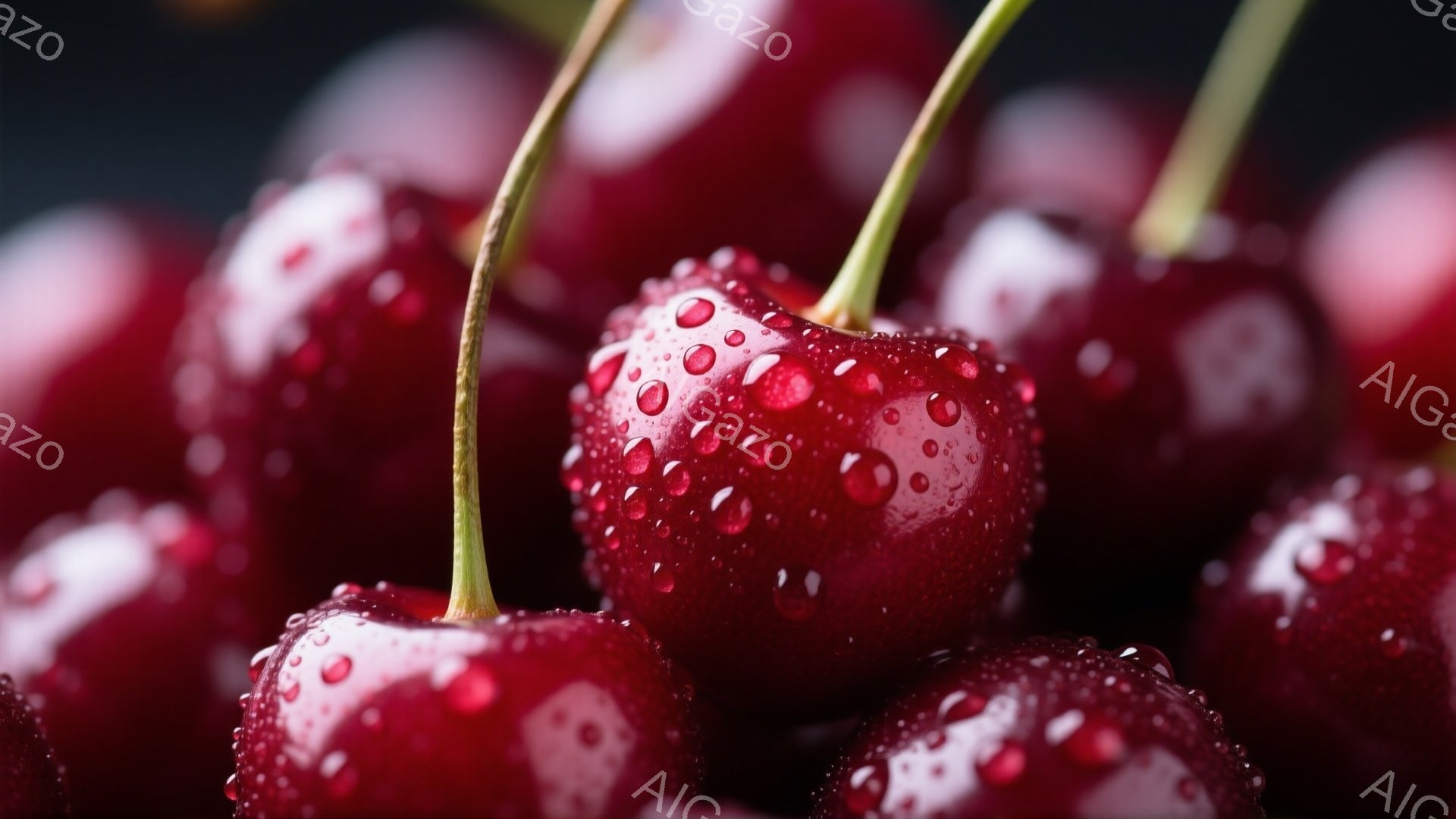 深紅色のチェリーが密集して写っており、表面には水滴が光っています。背景は暗く、チェリーの鮮やかな色が際立っています。全体的に、みずみずしく、食欲をそそる雰囲気です。