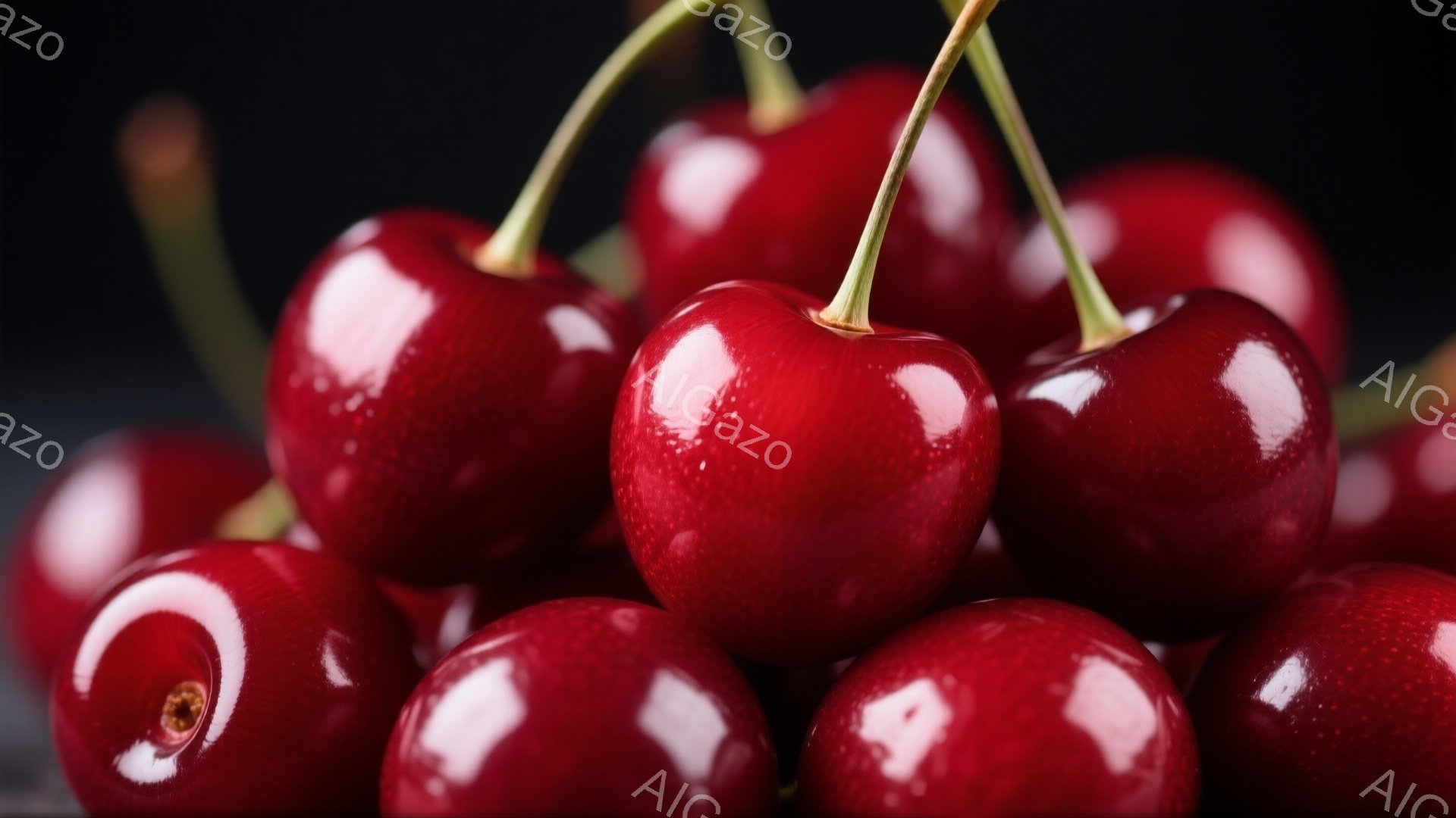 鮮やかな赤色のサクランボが密集して写っています。光沢があり、みずみずしい果実は、深い黒色の背景に際立っています。全体的に、豊かさと美味しさを感じさせる、シンプルな構成の写真です。