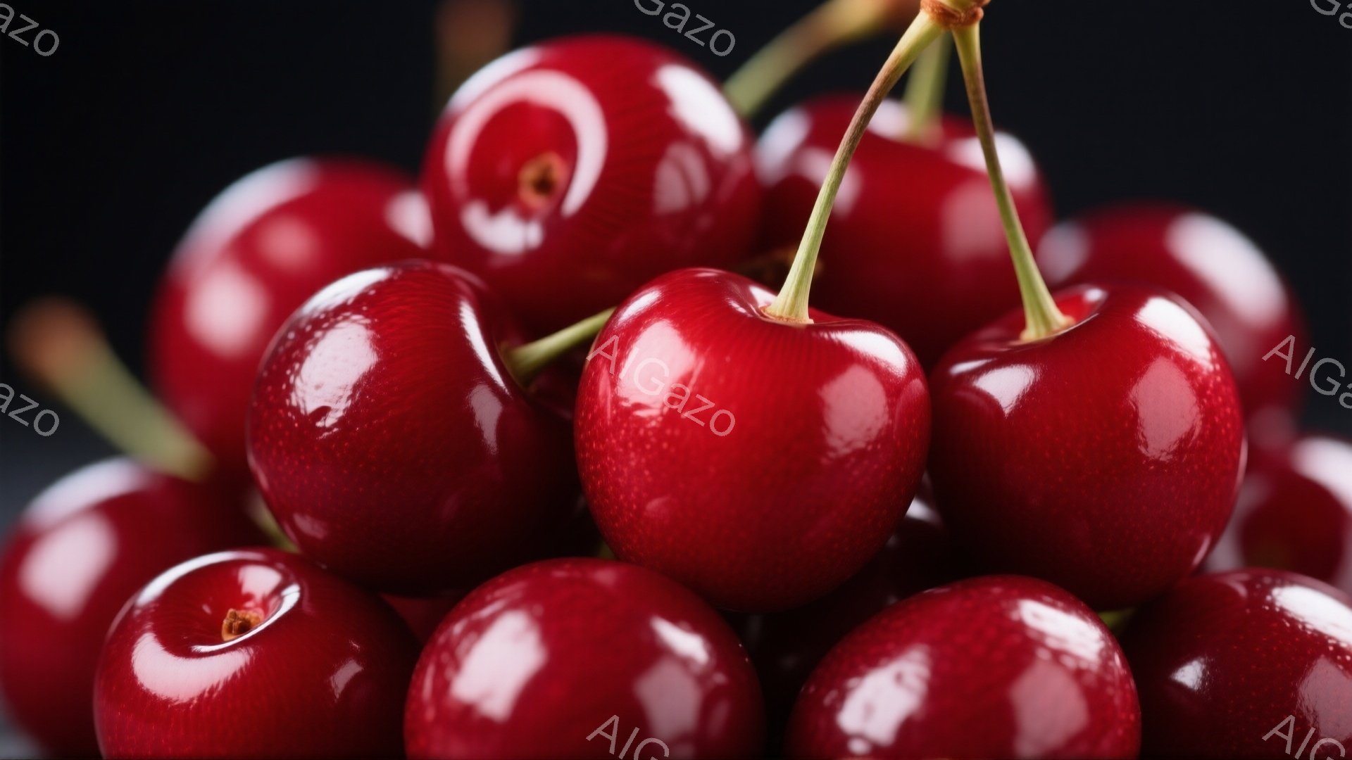 深紅色のチェリーが密集して写っており、つやつやとした表面が特徴的です。背景は暗いグレーで、チェリーの赤色が際立っています。全体的に、甘くみずみずしい夏の雰囲気が漂っています。