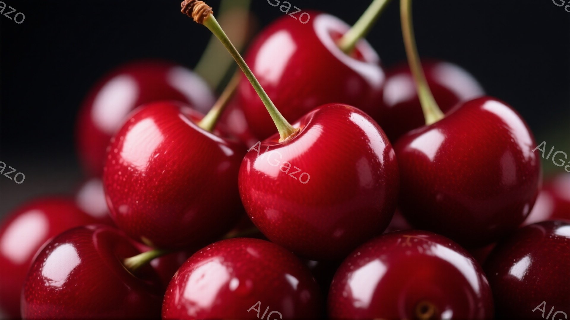 鮮やかな赤いサクランボが密集して写っています。表面には水滴があり、新鮮さと瑞々しさを強調しています。背景は暗く、サクランボの色を際立たせて、全体的に食欲をそそる雰囲気です。
