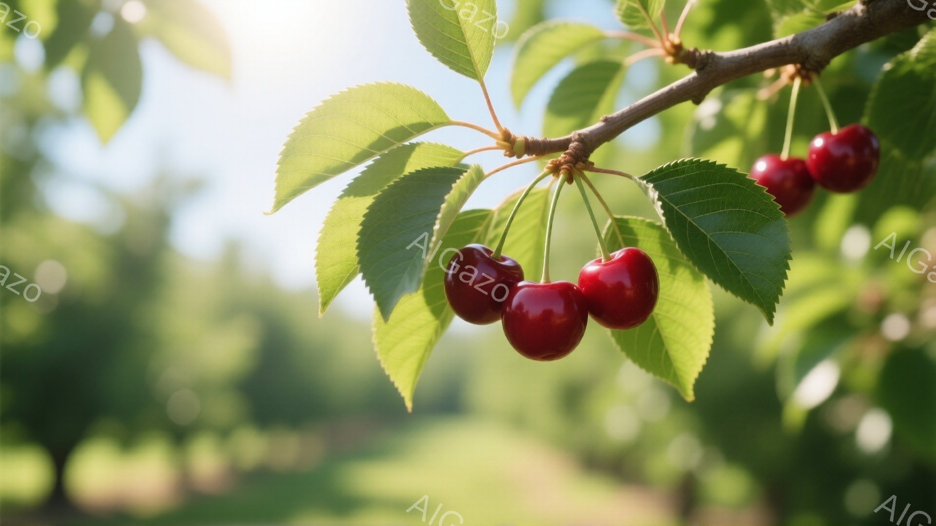 鮮やかな赤いサクランボが枝に実り、緑色の葉に囲まれています。背景にはぼやけた緑の木々と光が差し込む風景が広がり、夏の穏やかな雰囲気を醸し出しています。全体的に明るく、自然の恵みが感じられる、爽やかな一 - AI生成フリー素材