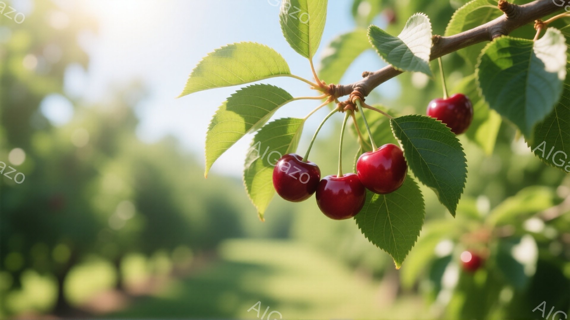 鮮やかな赤いサクランボが枝に実り、緑の葉に囲まれている。背景はぼやけた緑色の風景で、明るい太陽光が差し込み、穏やかで平和な雰囲気を醸し出している。サクランボは瑞々しく、初夏の自然の恵みを感じさせる。 - AI生成フリー素材