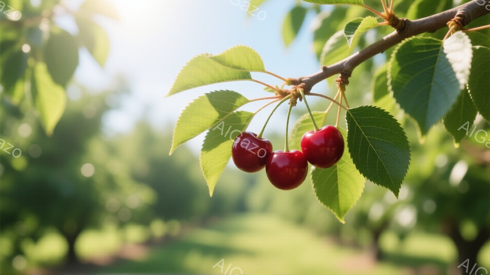 鮮やかな赤いサクランボが、緑の葉に囲まれて枝に実っている様子が捉えられています。背景はぼやけた緑の木々と太陽の光で満たされ、穏やかで平和な夏の日の雰囲気を醸し出しています。全体的に、自然の恵みと静けさを感じさせる美しい写真です。