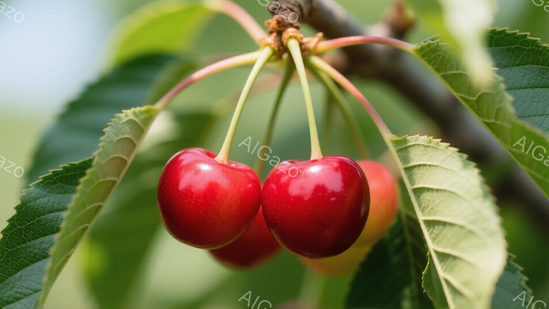 鮮やかな赤いサクランボが枝に実っており、葉に囲まれている。光沢があり、瑞々しい果実は見る者を魅了し、自然の恵みが感じられる。背景はぼやけており、サクランボが際立っている。