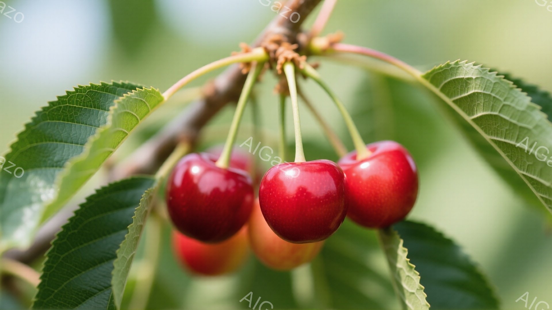 鮮やかな赤いサクランボが枝に実り、緑の葉に囲まれています。果実は光沢があり、瑞々しく、まるで宝石のように見えます。背景はぼやけており、自然の柔らかな光が全体を包み込み、穏やかな雰囲気を醸し出しています。