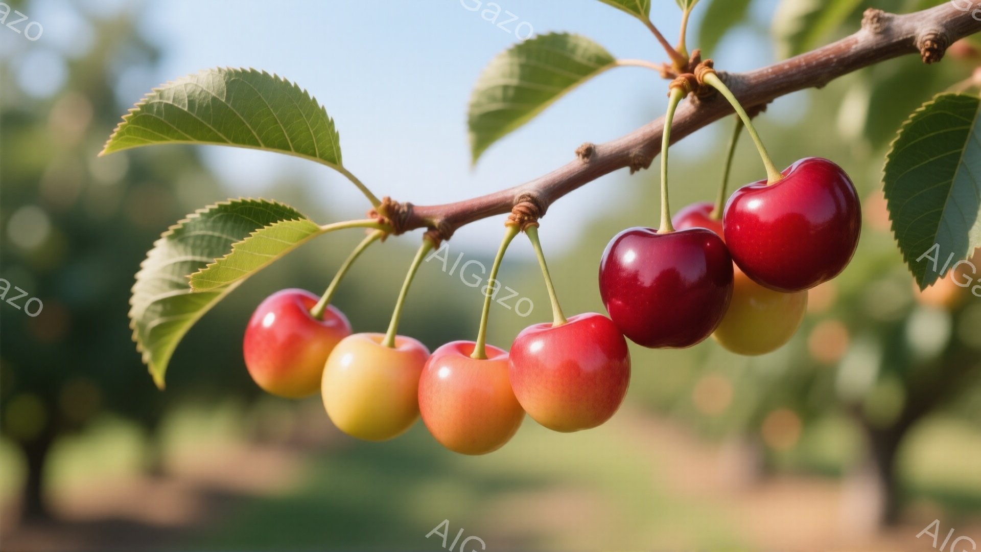 鮮やかな赤いさくらんぼが枝に実っており、黄色やオレンジ色を帯びたさくらんぼも混ざっている。緑の葉っぱが背景に広がり、背景はぼやけており、穏やかな日差しが差し込んでいるように見える。全体として、初夏の収穫の喜びや自然の豊かさを感じさせる、温かく明るい雰囲気である。