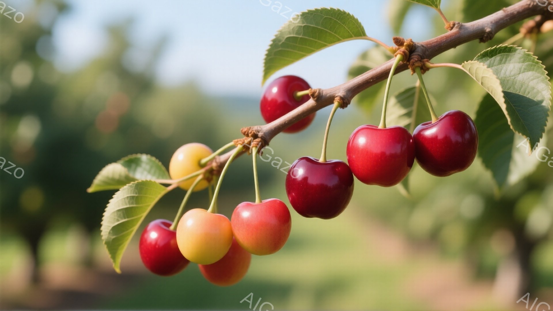 枝に実った赤いサクランボがいくつか並んでいる様子が写っている。緑の葉が生い茂り、背景にはぼやけた緑の景色が広がり、晴れた日の穏やかな雰囲気が感じられる。サクランボは鮮やかで瑞々しく、収穫の時期を思わせる一枚である。