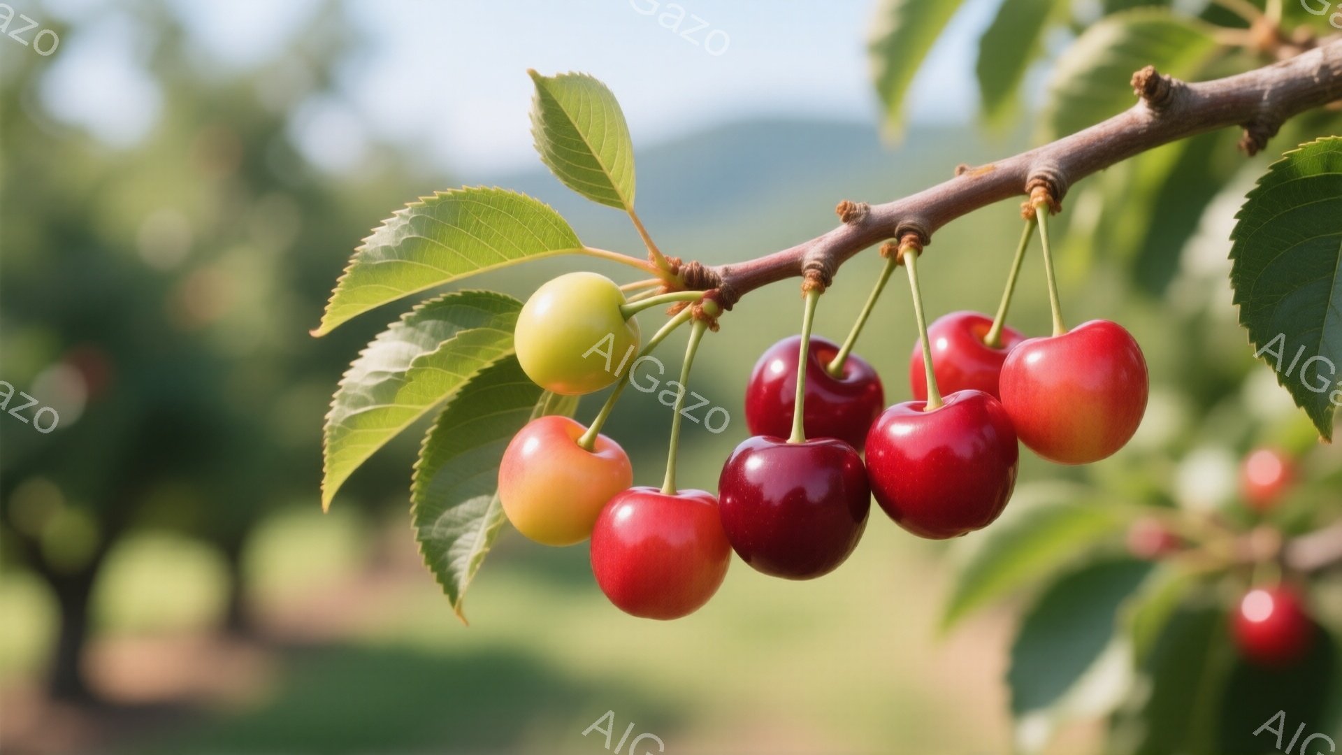 鮮やかな赤い桜桃が枝に実っており、未熟な緑色の桜桃も混ざっている。背景には緑豊かな木々が見え、ぼんやりとした山々が遠くに見える穏やかな天候の様子が伺える。全体的に、自然の恵みを感じさせる、穏やかで美しい雰囲気である。