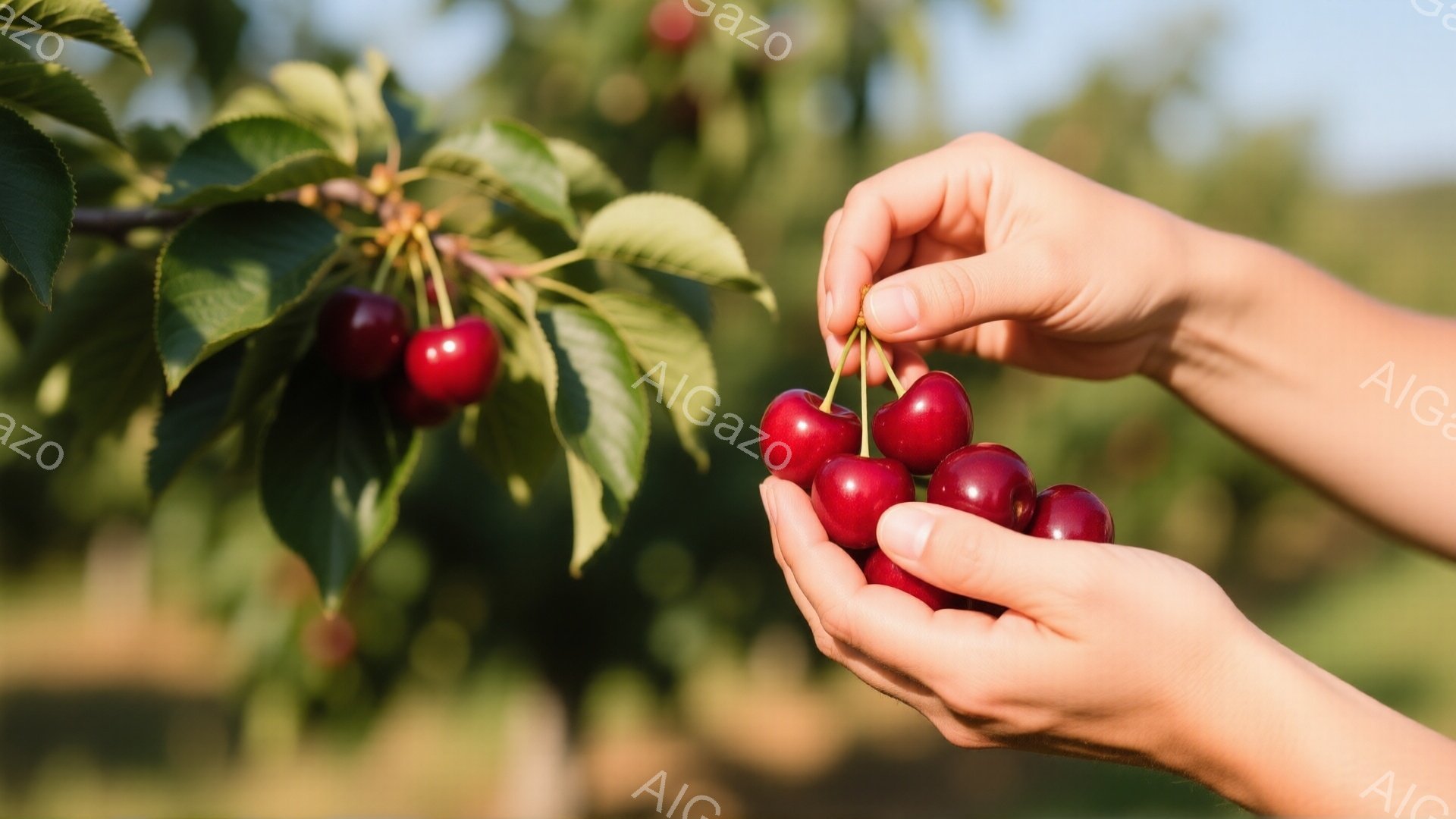 鮮やかな赤いチェリーが手に一杯に抱えられています。背景には緑豊かなチェリーの木と葉が広がり、太陽の光が降り注いでいる様子から、晴れた日のチェリー狩りの風景がうかがえます。全体的に、自然の中で収穫を楽しむ、明るく穏やかな雰囲気が漂っています。